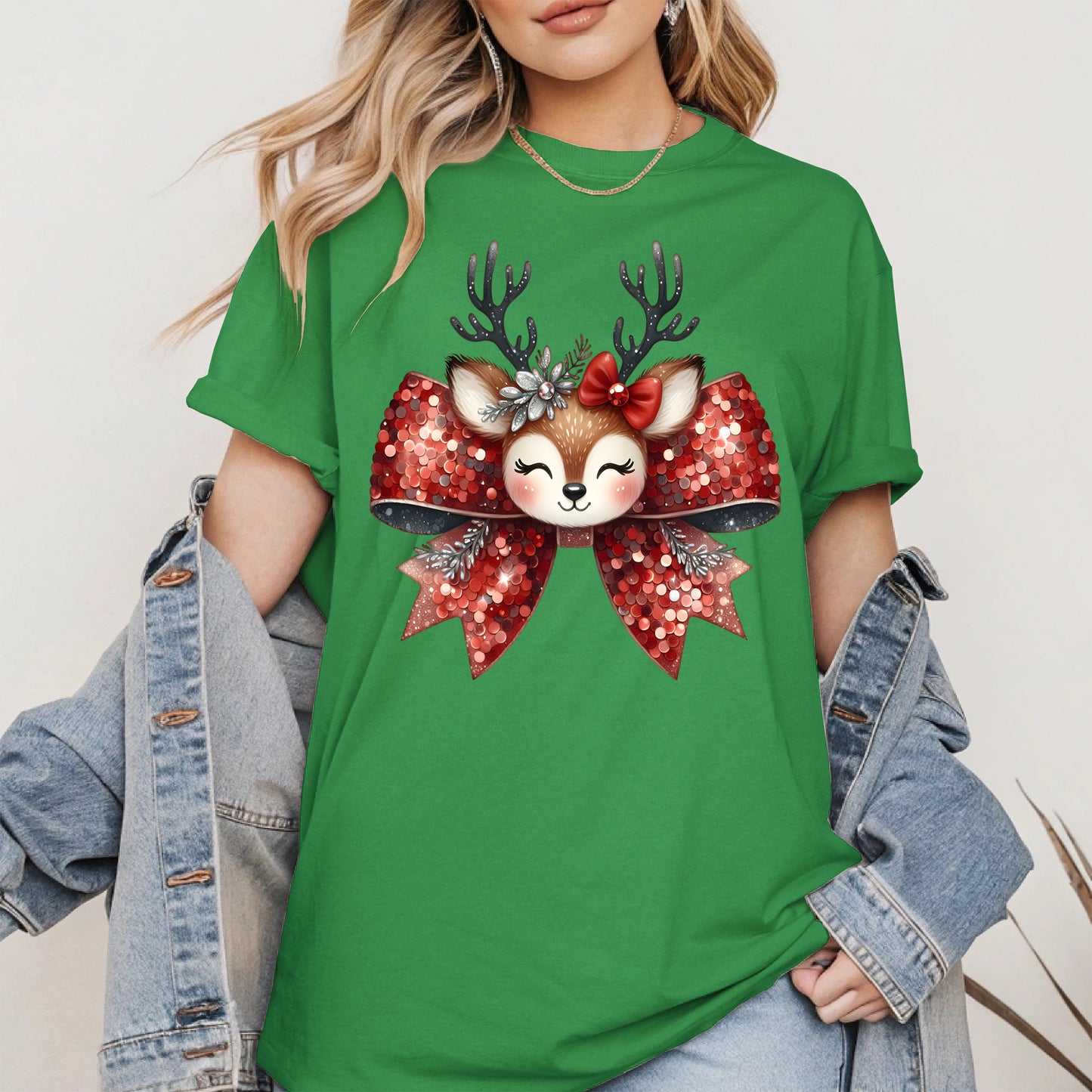 Cute Reindeer Bow Christmas Shirt for Women