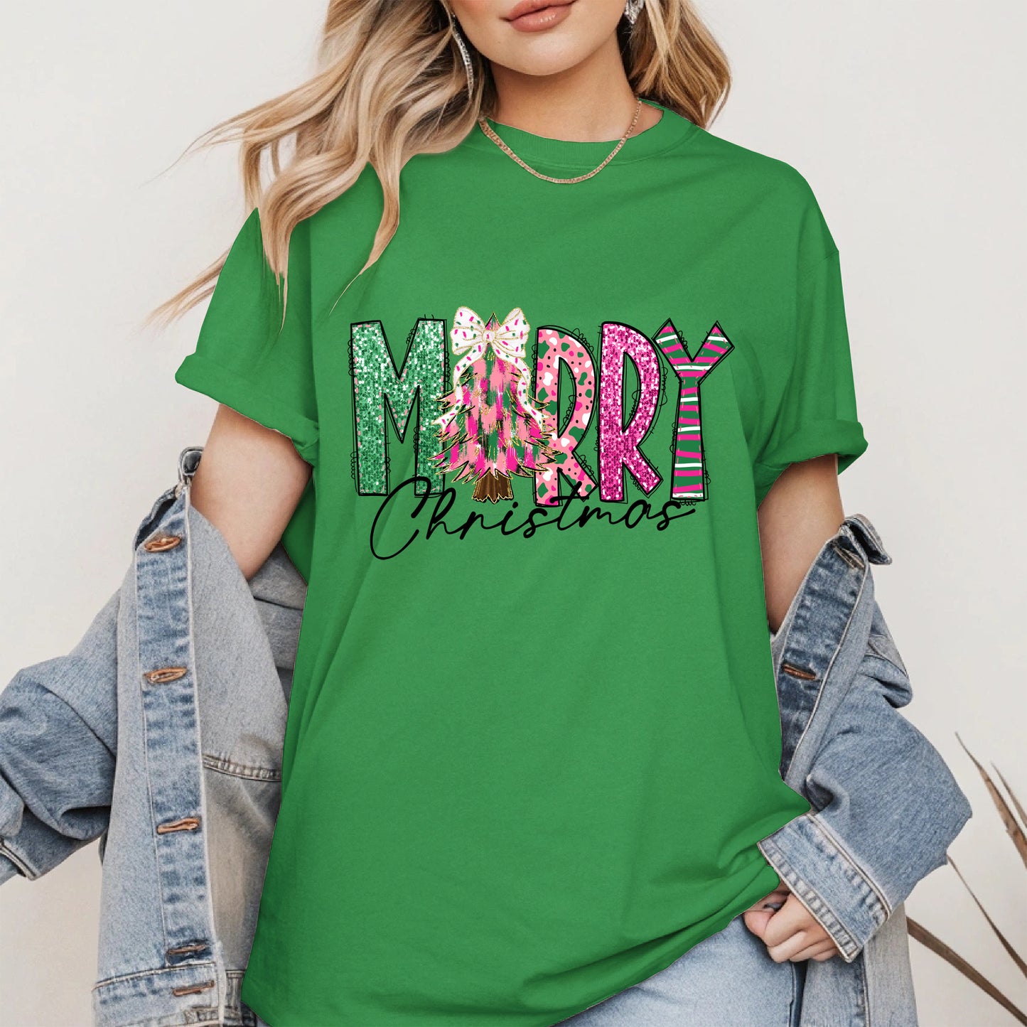 Merry Christmas Shirt Glitter Tree Holiday Tee