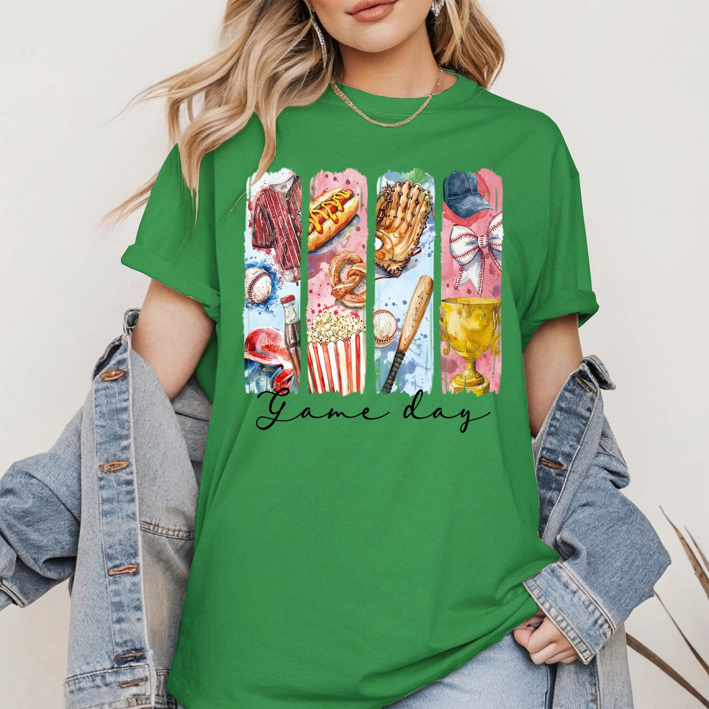Watercolor Hotdog, Bat & Trophy Baseball Sport Shirt