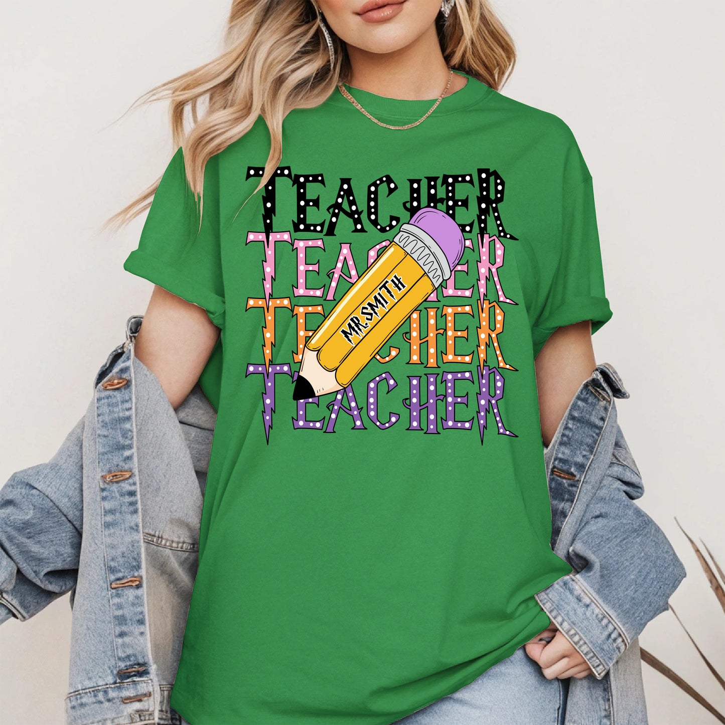 Retro Teacher Shirt with Personalized Pencil Name