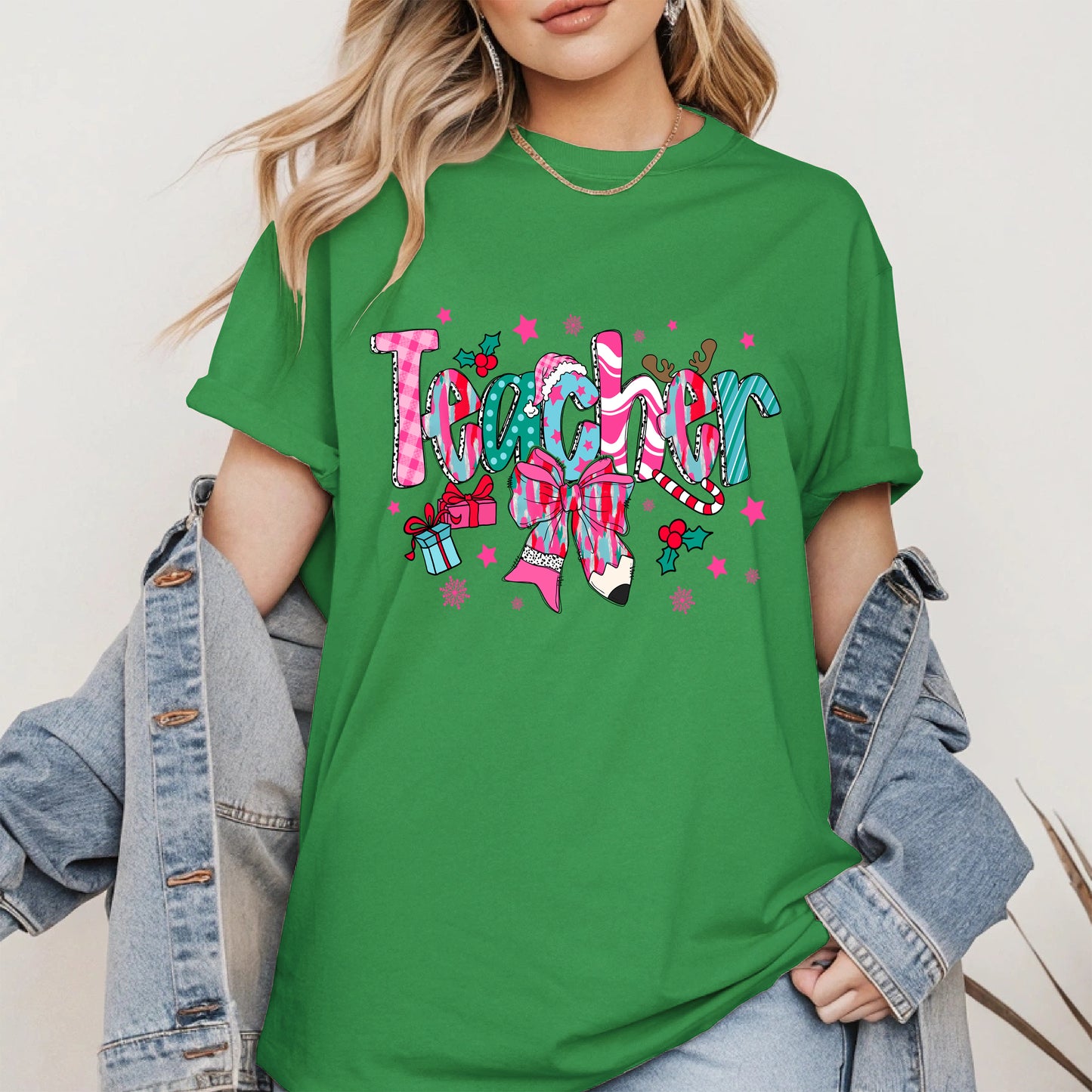 Christmas Teacher Shirt with Gifts and Bow