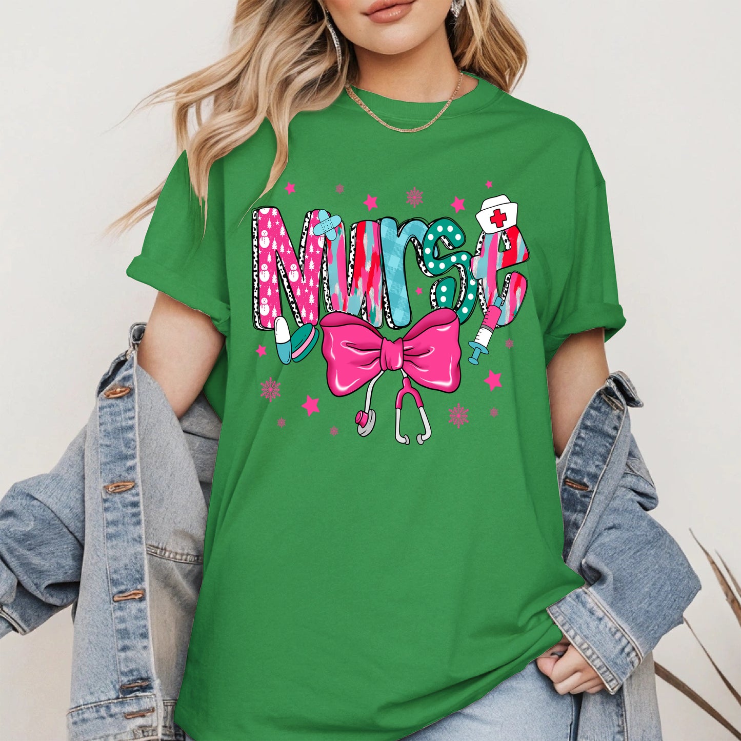 Nurse Christmas Shirt with Pink Bow and Holiday Icons
