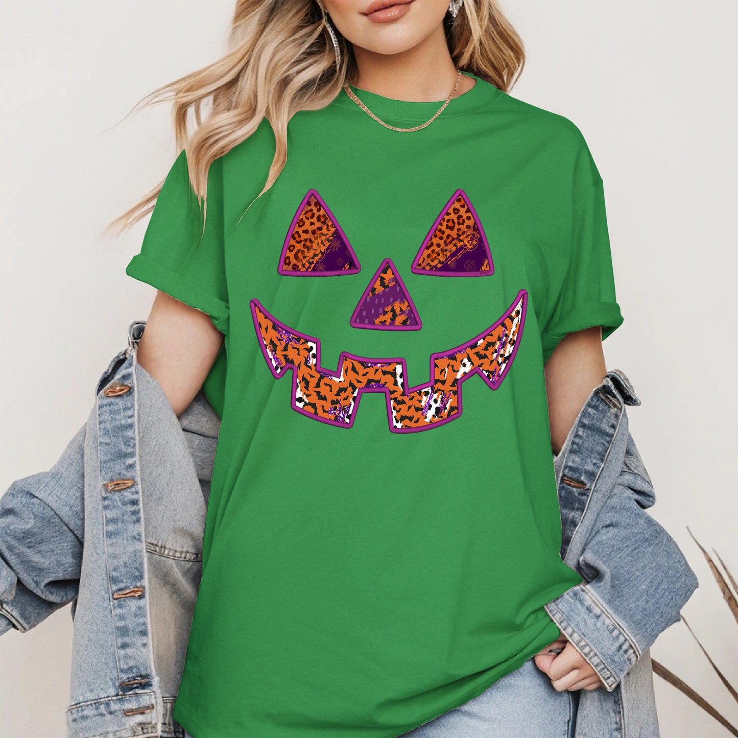Pumpkin Face Faux Embroidery shirt