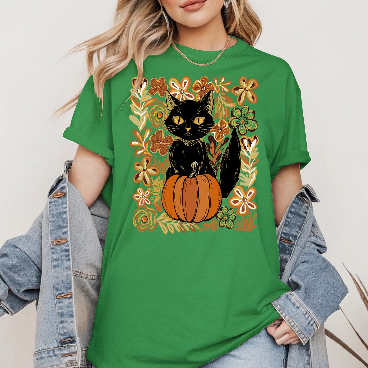 Floral Black cat Pumpkin halloween shirt