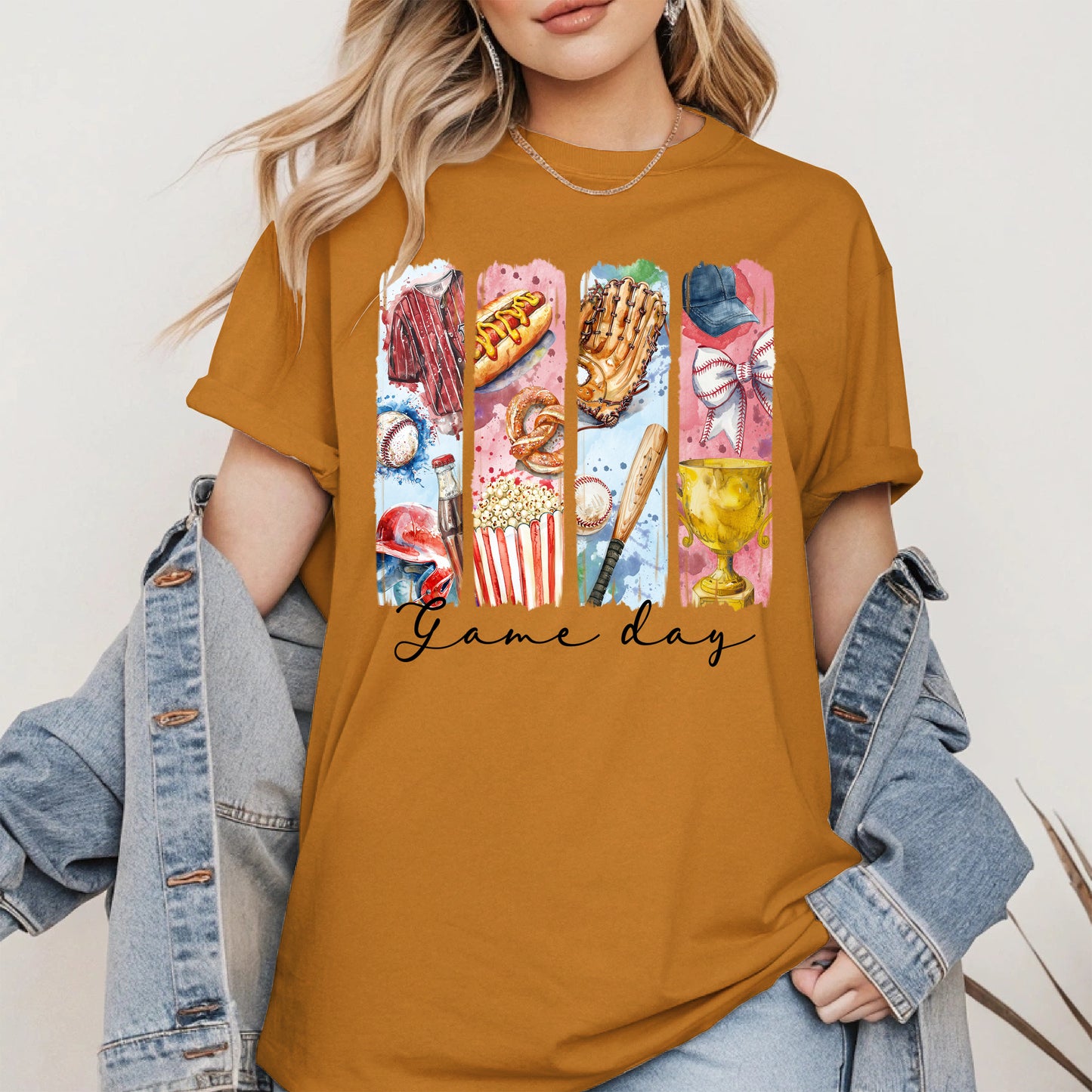 Watercolor Hotdog, Bat & Trophy Baseball Sport Shirt