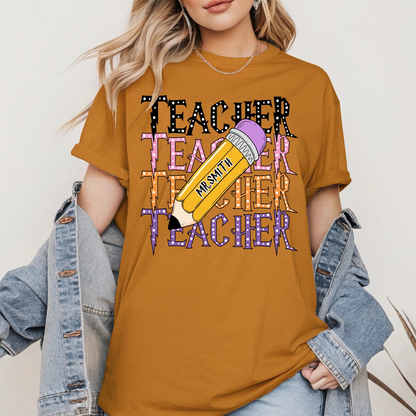 Retro Teacher Shirt with Personalized Pencil Name