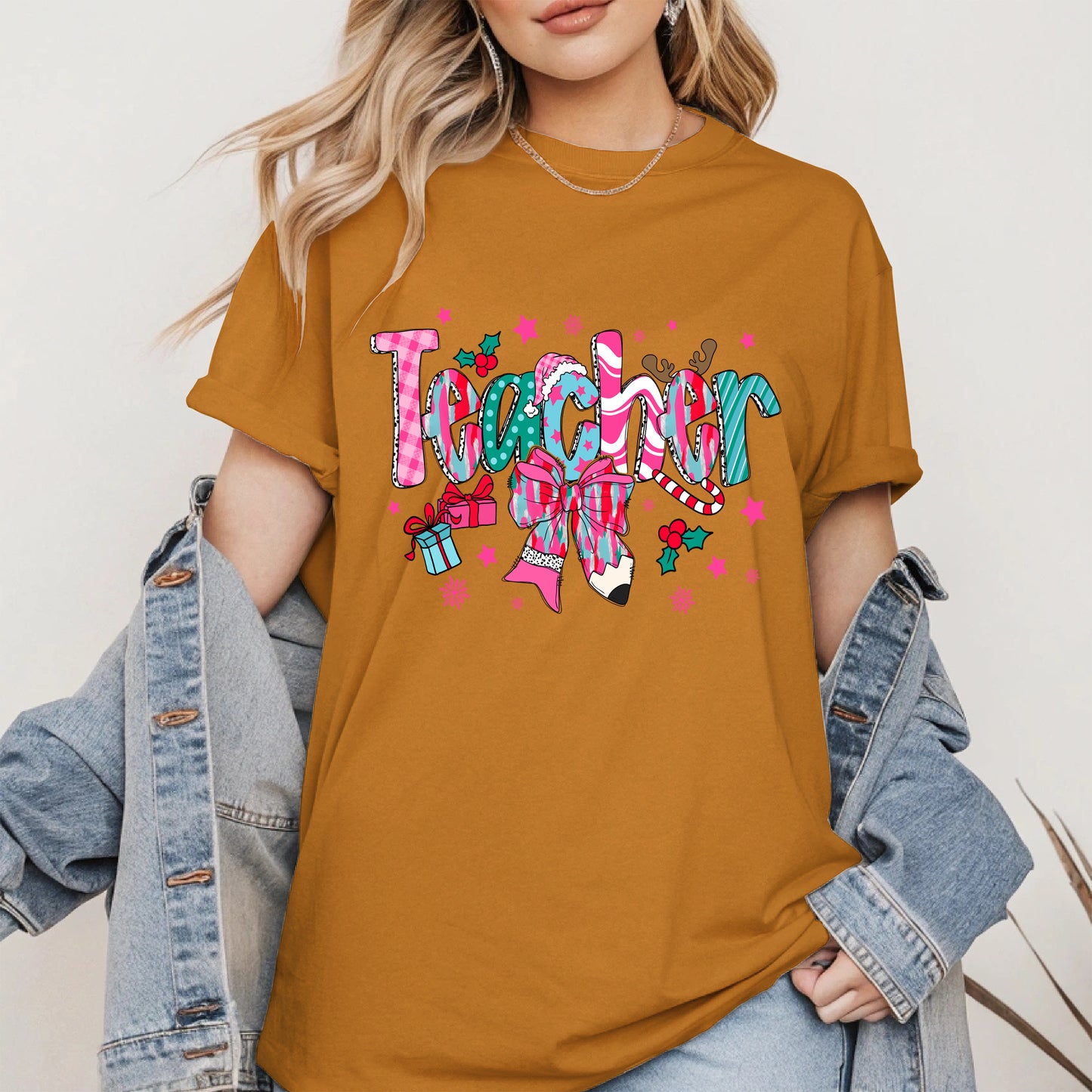 Christmas Teacher Shirt with Gifts and Bow