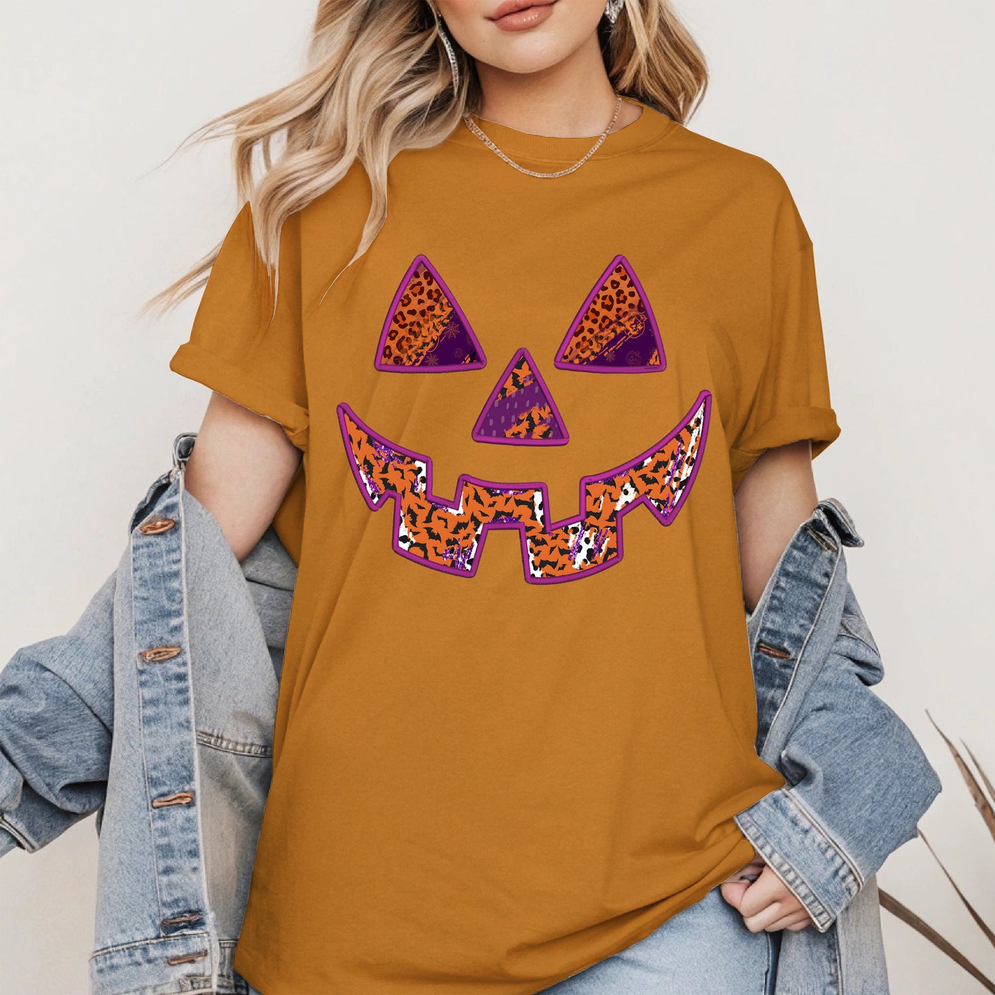 Pumpkin Face Faux Embroidery shirt