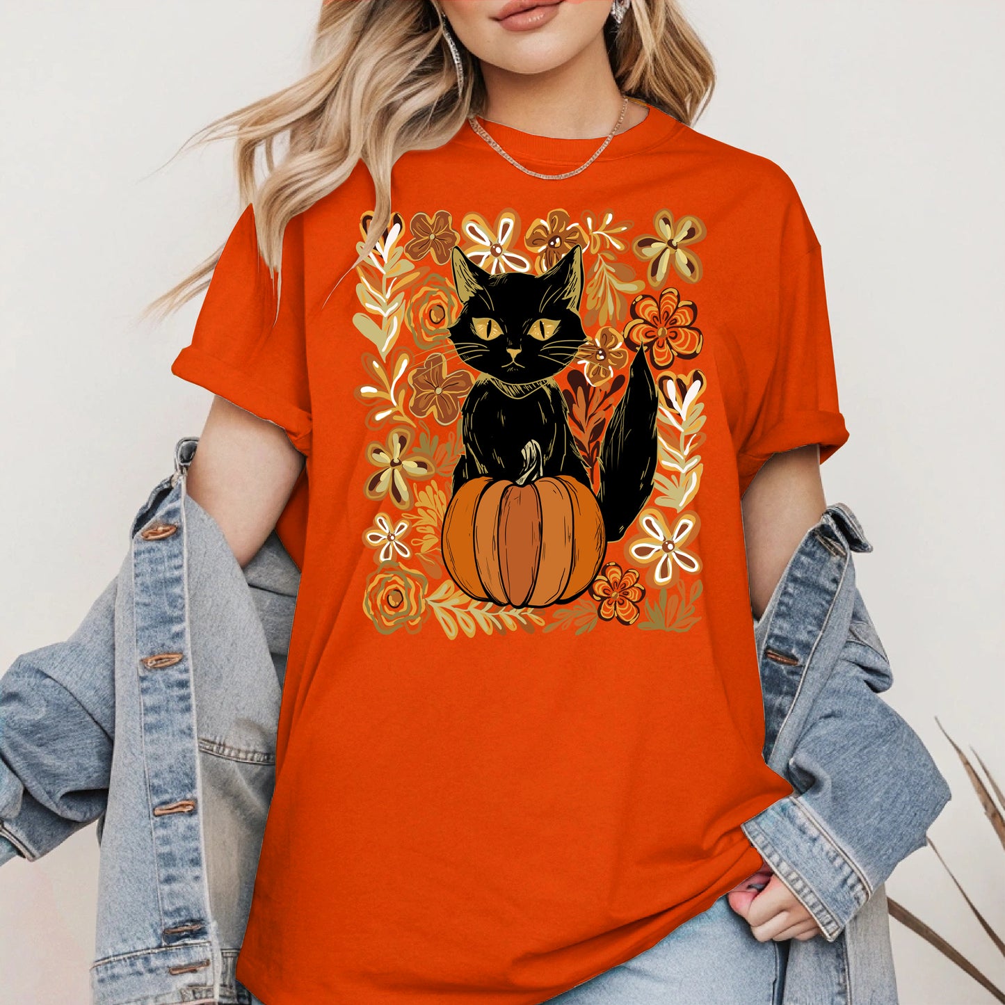 Floral Black cat Pumpkin halloween shirt