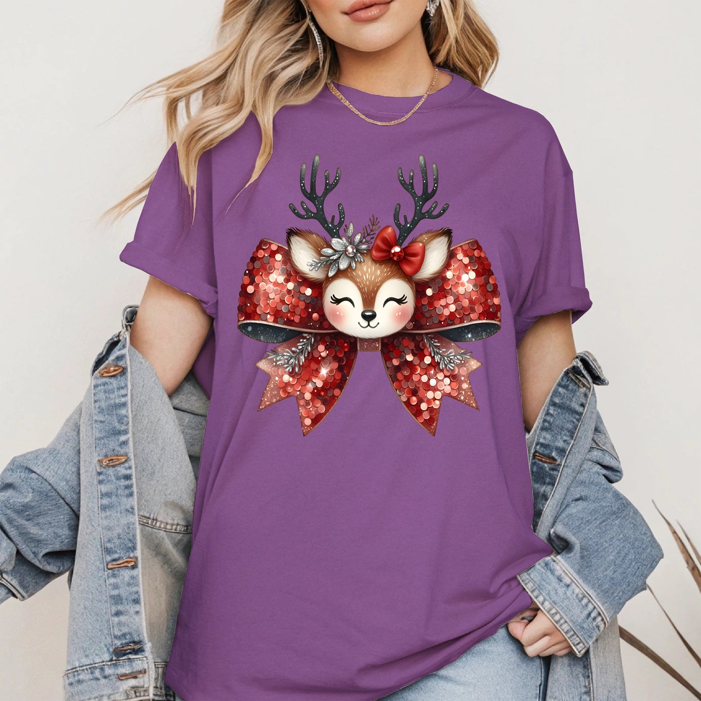 Cute Reindeer Bow Christmas Shirt for Women