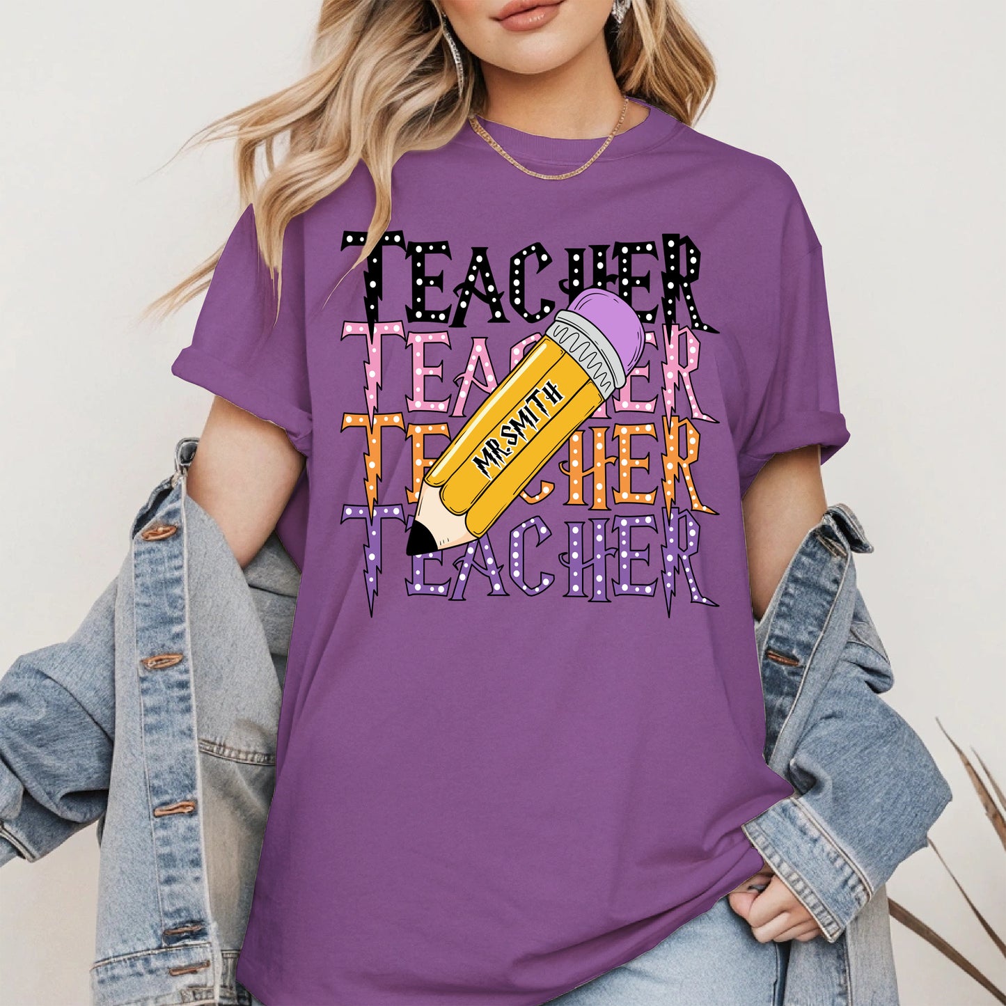 Retro Teacher Shirt with Personalized Pencil Name
