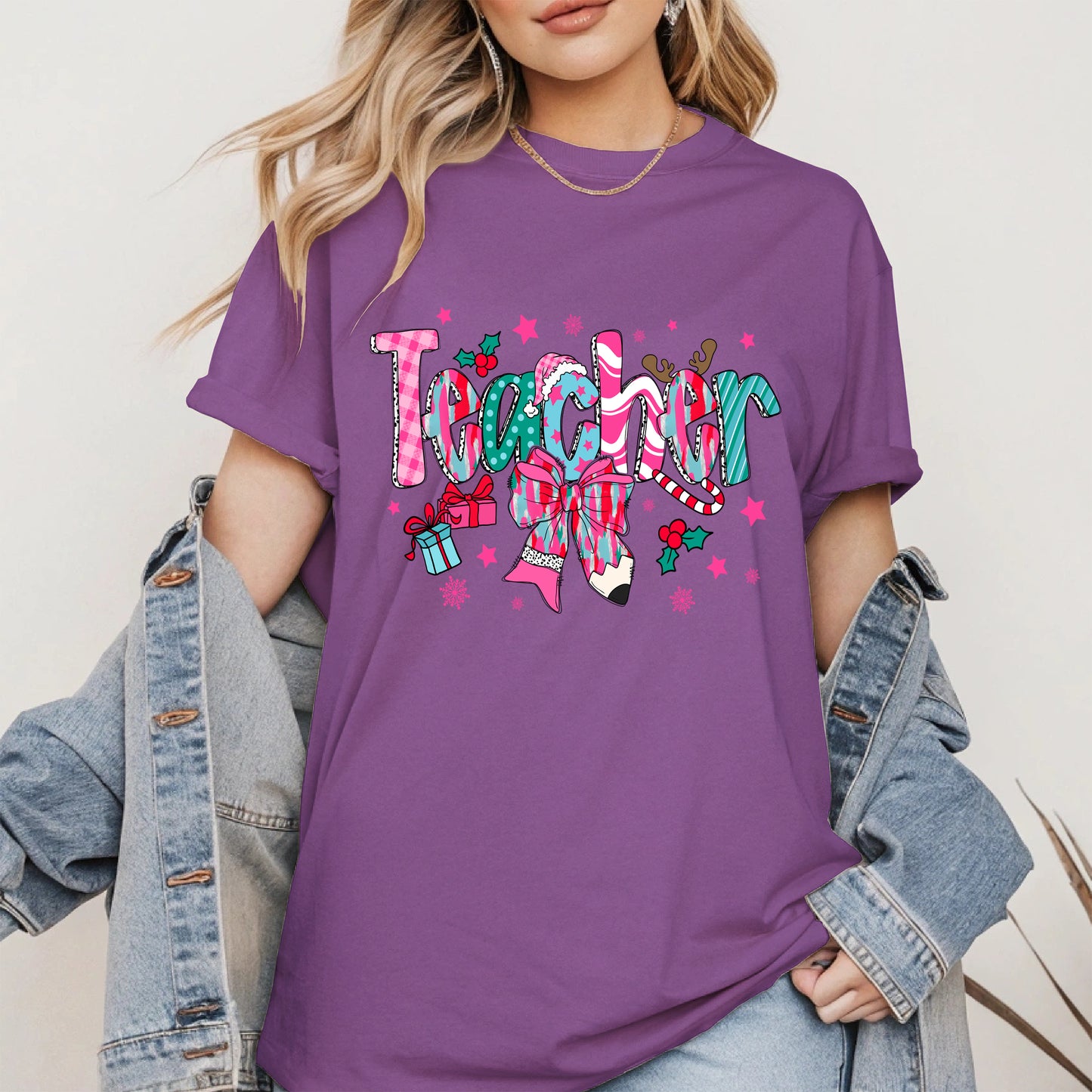 Christmas Teacher Shirt with Gifts and Bow