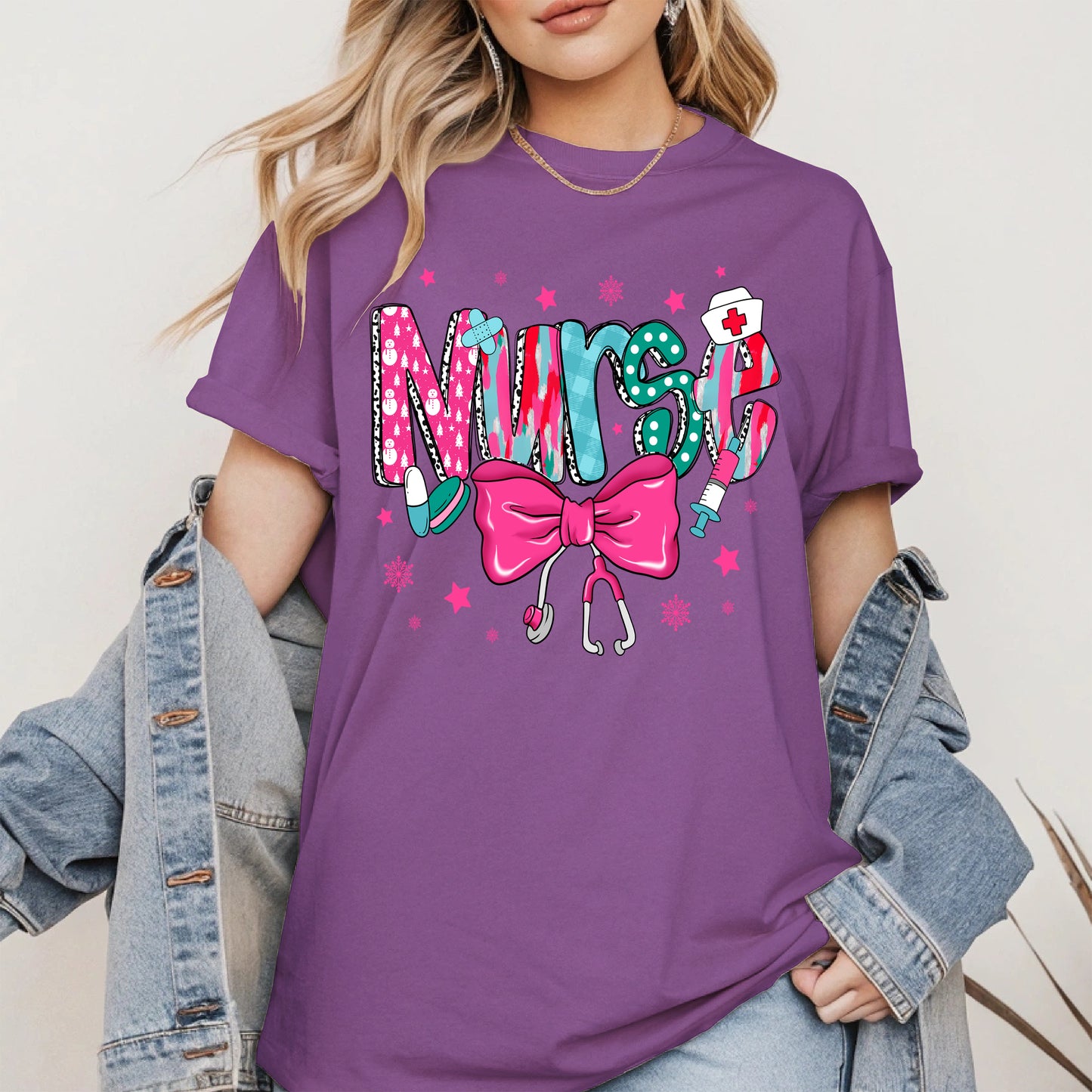 Nurse Christmas Shirt with Pink Bow and Holiday Icons