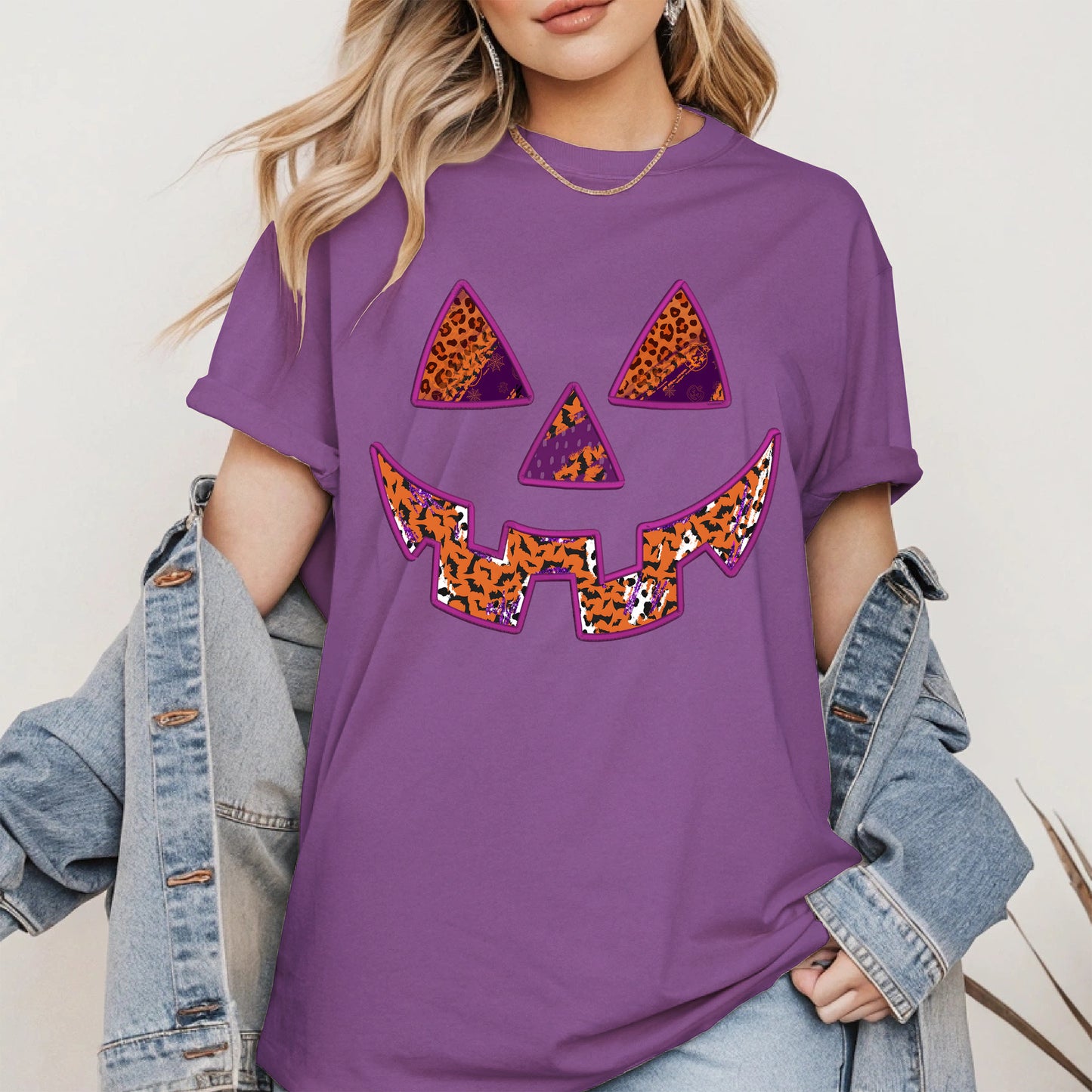 Pumpkin Face Faux Embroidery shirt