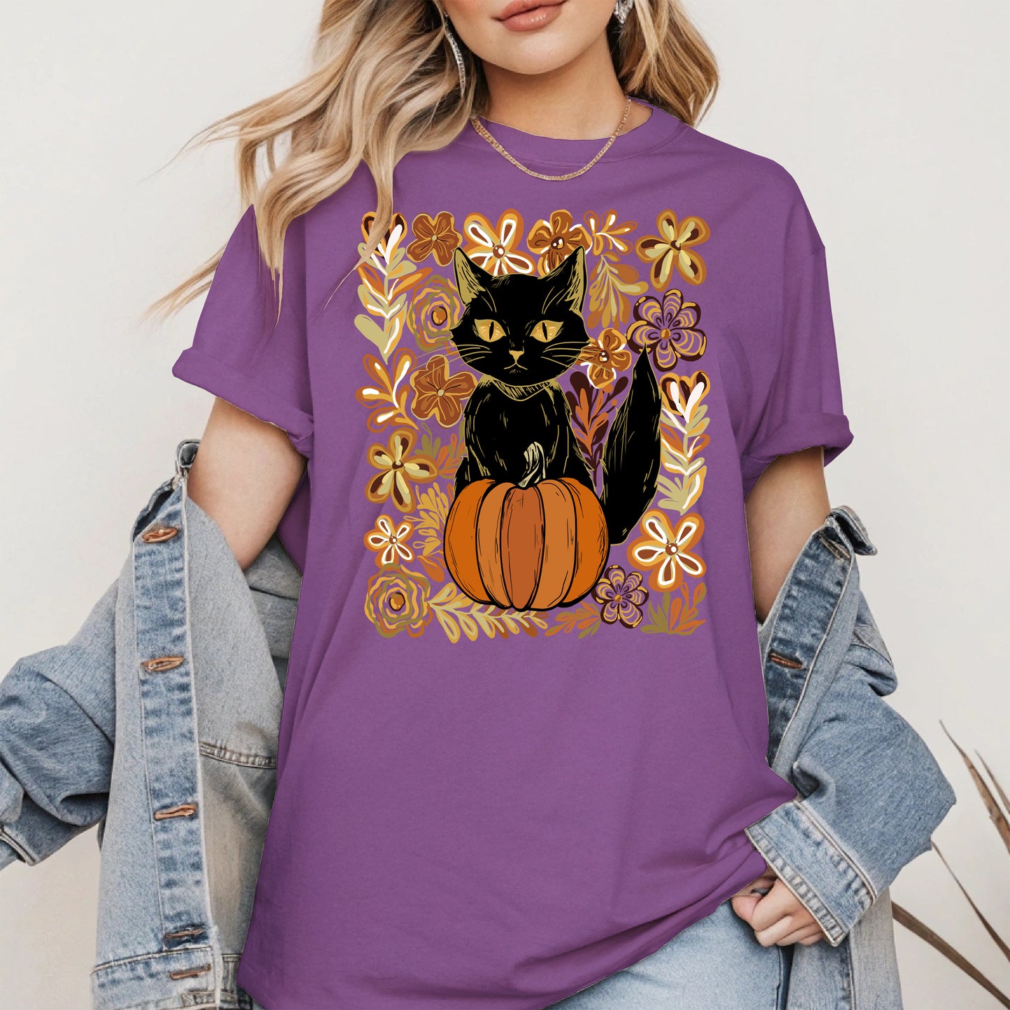 Floral Black cat Pumpkin halloween shirt