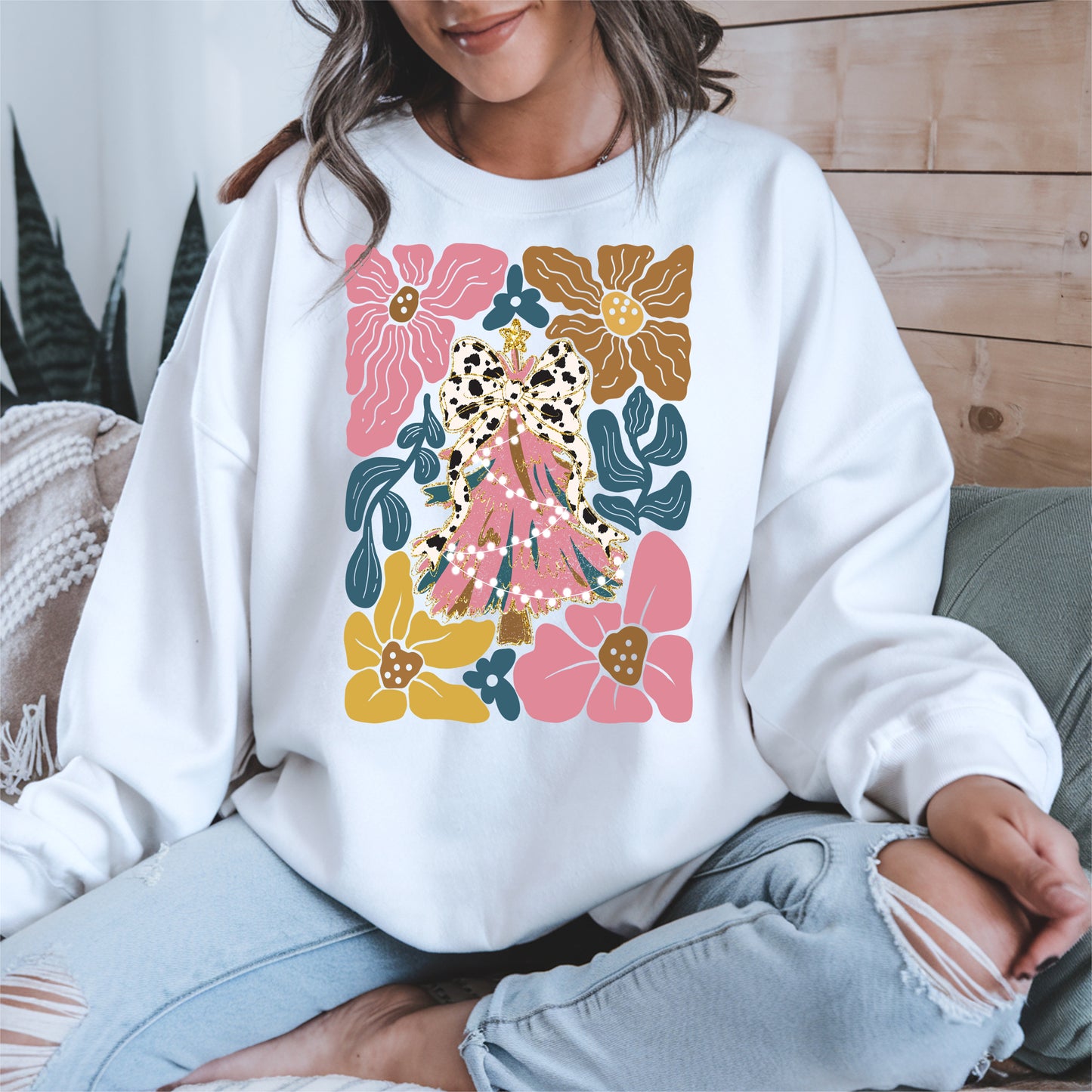 Christmas Tree Coquette Bow Floral Holiday Shirt