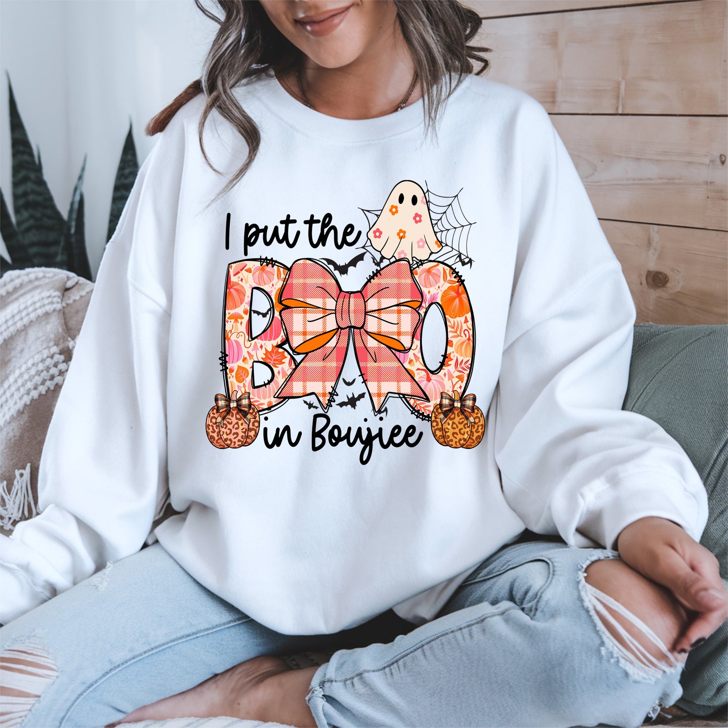 BOO Cute Halloween Shirt Hoodie Sweatshirt with Ghost and Bow