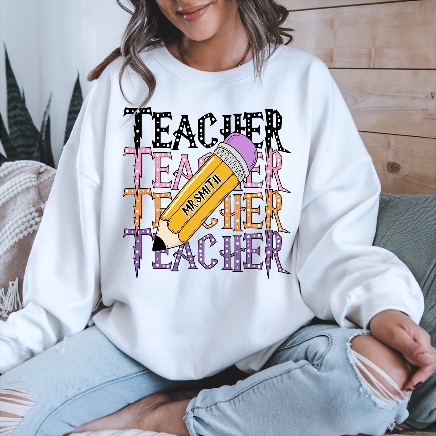 Retro Teacher Shirt with Personalized Pencil Name