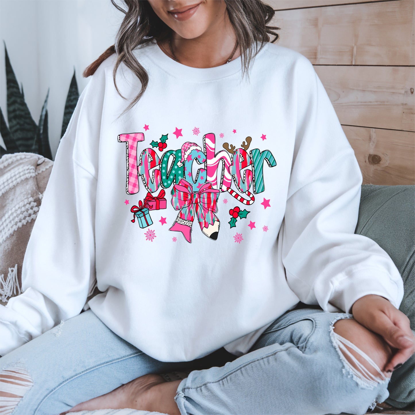 Christmas Teacher Shirt with Gifts and Bow