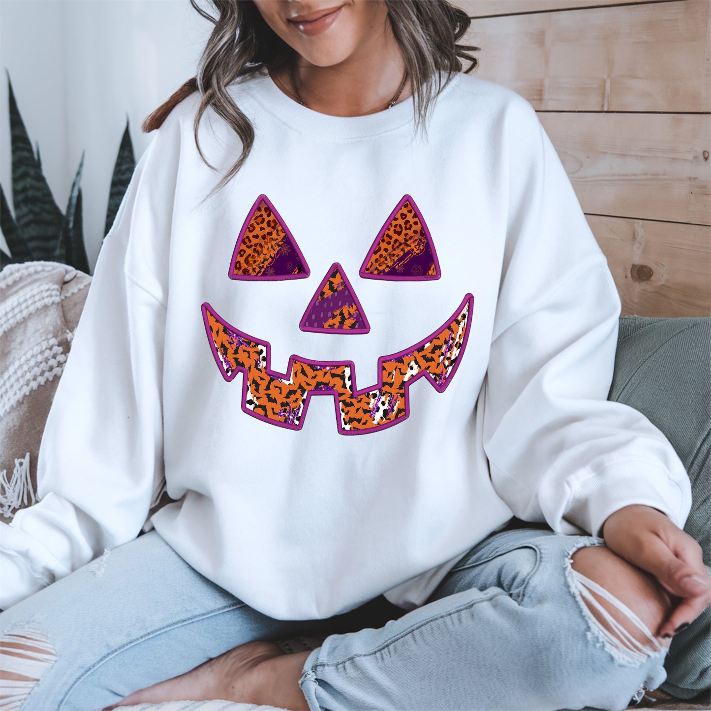 Pumpkin Face Faux Embroidery shirt