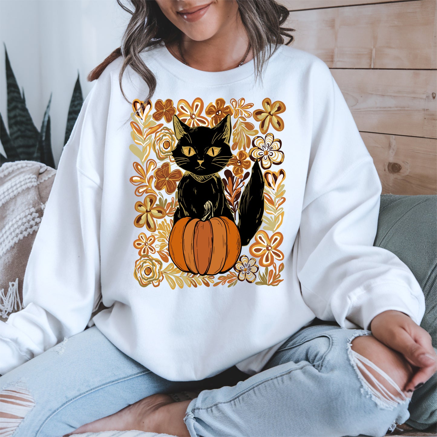 Floral Black cat Pumpkin halloween shirt