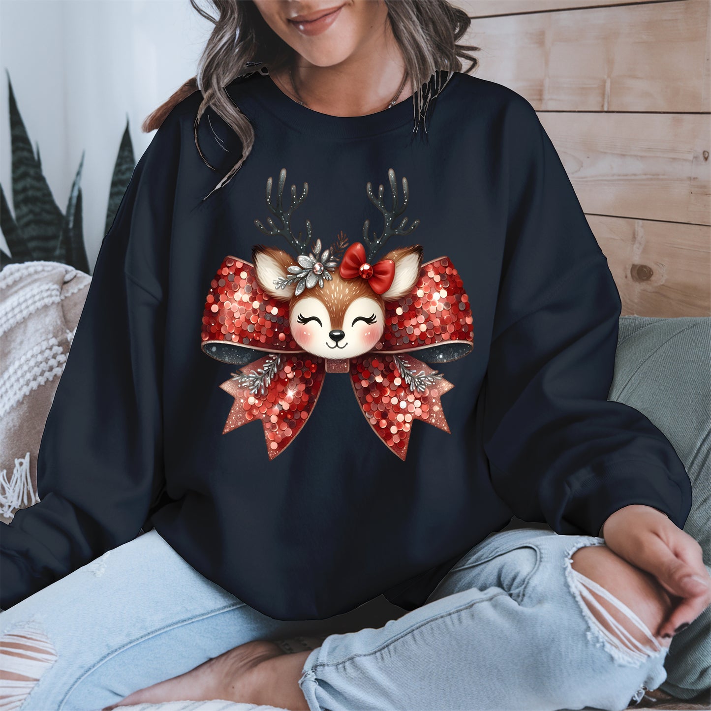 Cute Reindeer Bow Christmas Shirt for Women