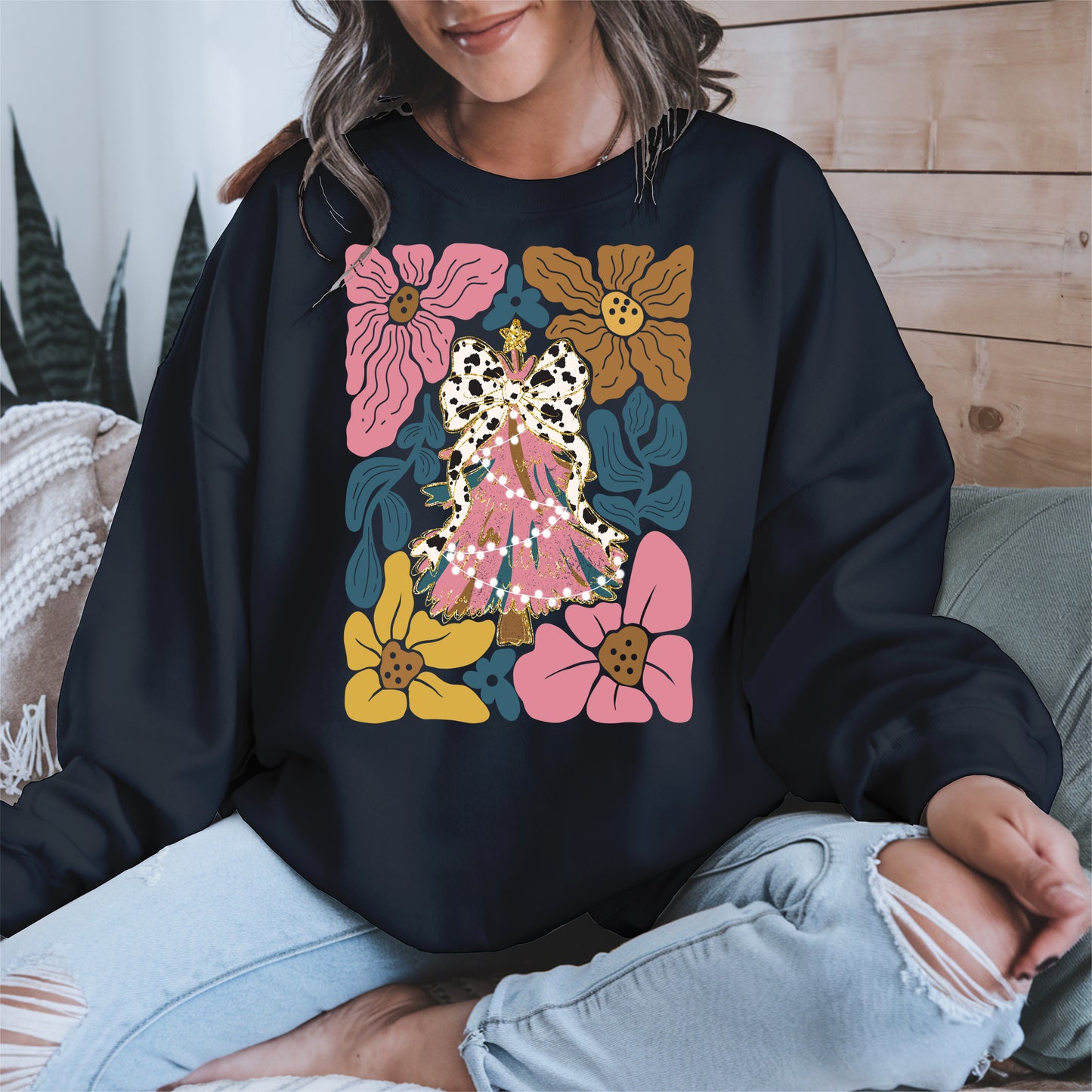 Christmas Tree Coquette Bow Floral Holiday Shirt