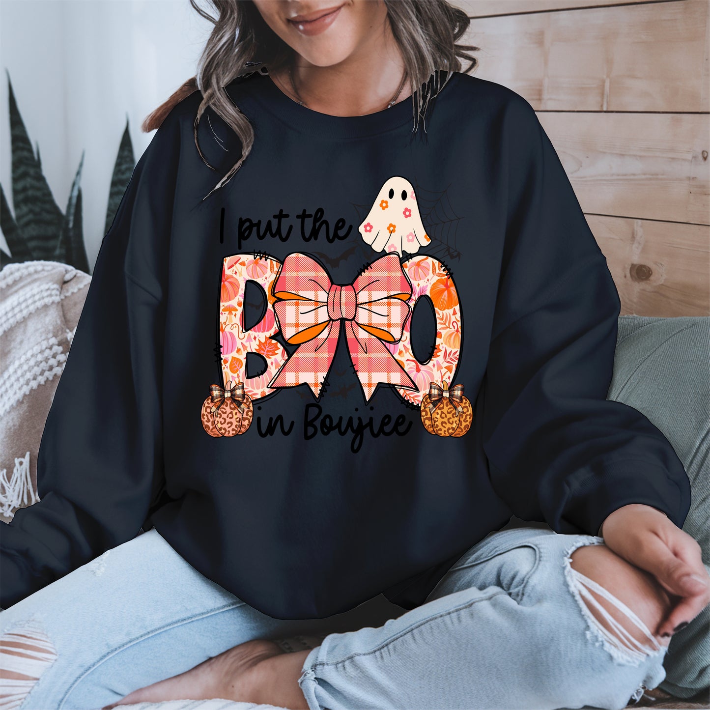 BOO Cute Halloween Shirt Hoodie Sweatshirt with Ghost and Bow