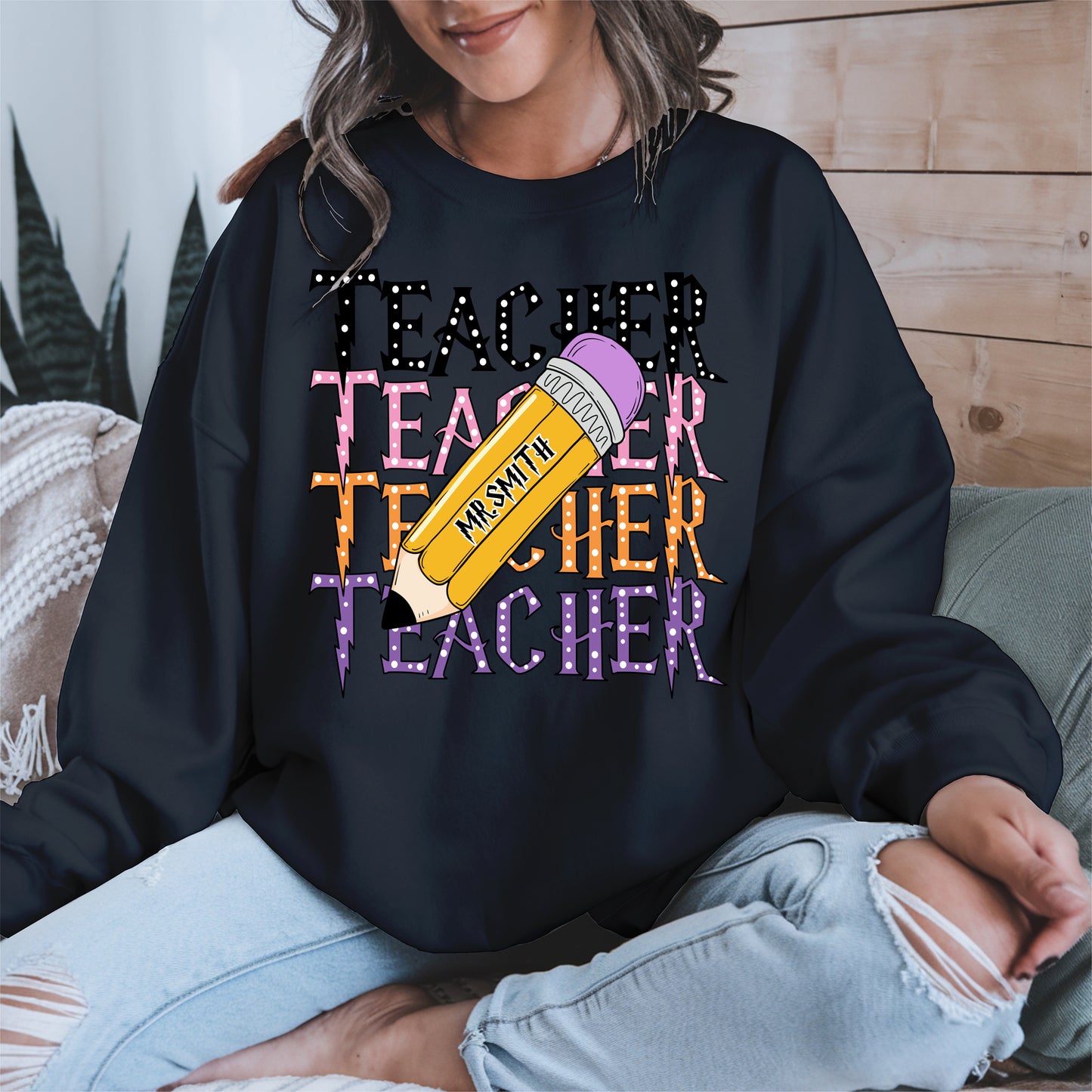 Retro Teacher Shirt with Personalized Pencil Name