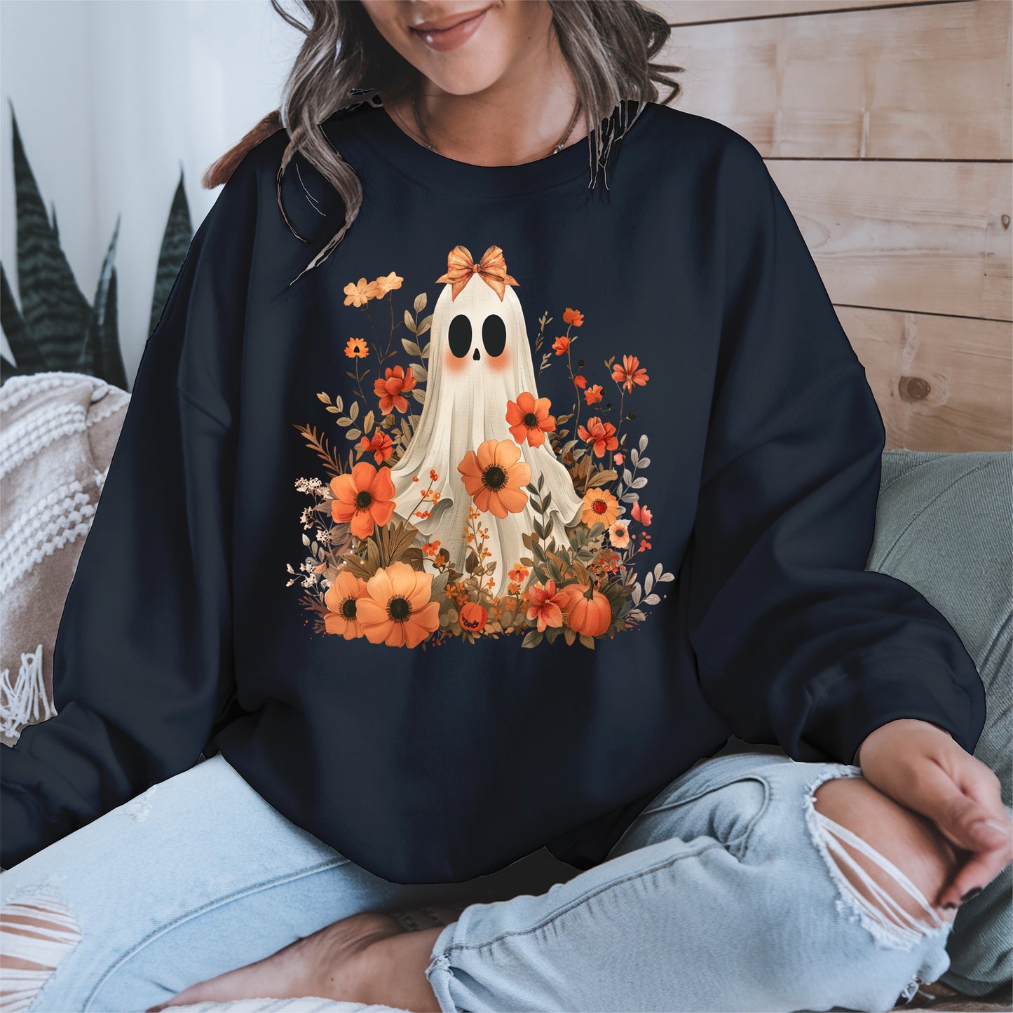 Autumn Ghost Floral Shirt Cute Fall Halloween Tee