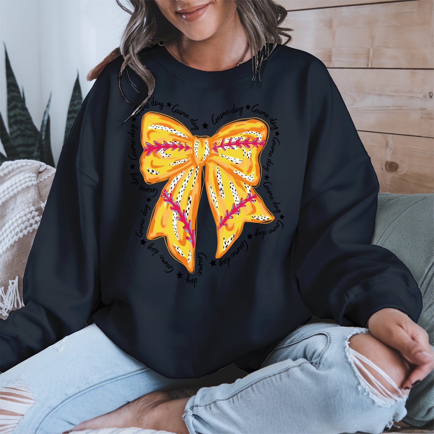 Yellow Baseball Bow Shirt Sport Tee Hoodie Sweatshirt Gift for Fans