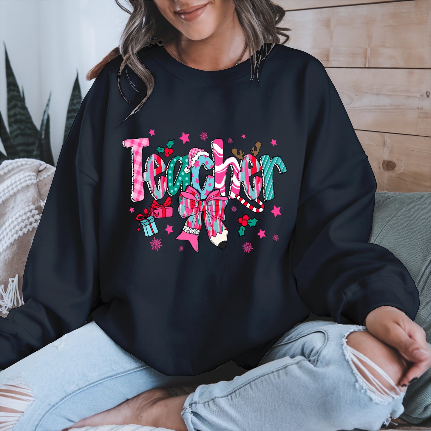 Christmas Teacher Shirt with Gifts and Bow