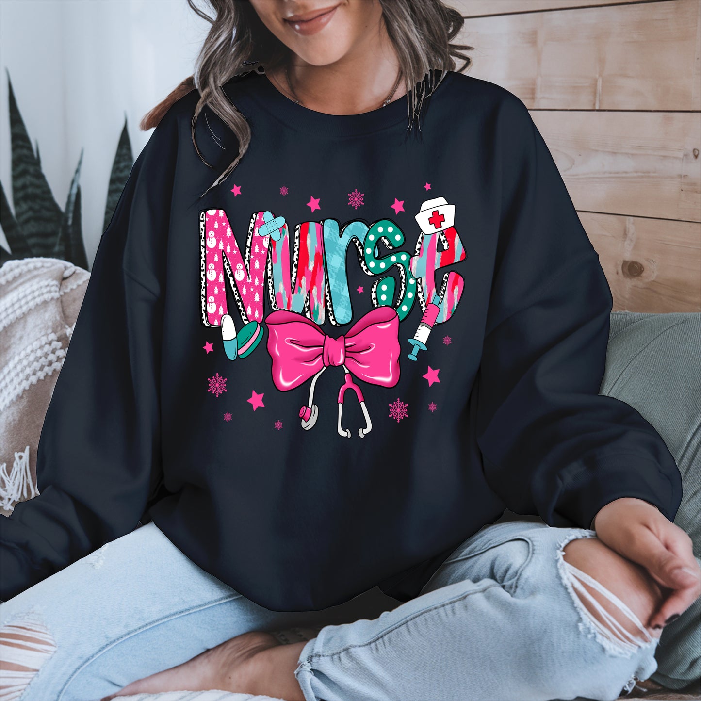 Nurse Christmas Shirt with Pink Bow and Holiday Icons