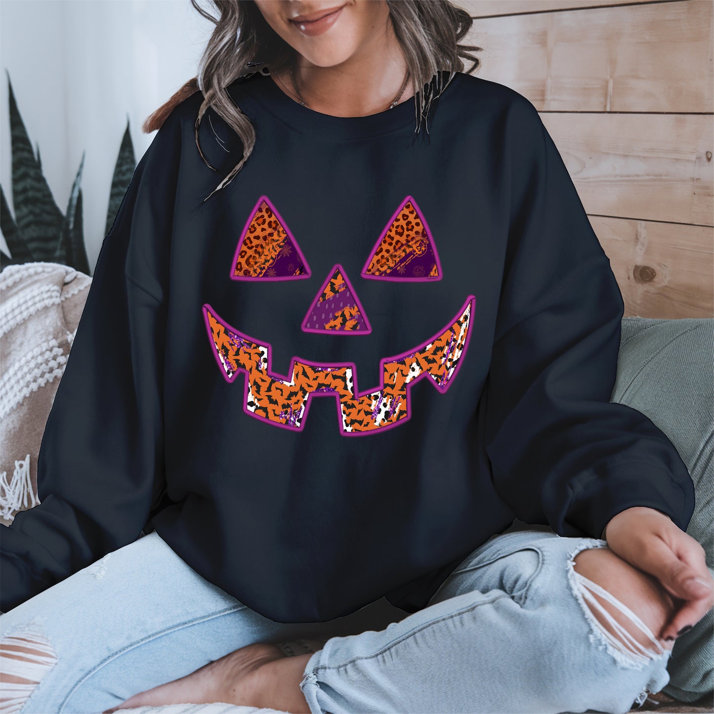Pumpkin Face Faux Embroidery shirt