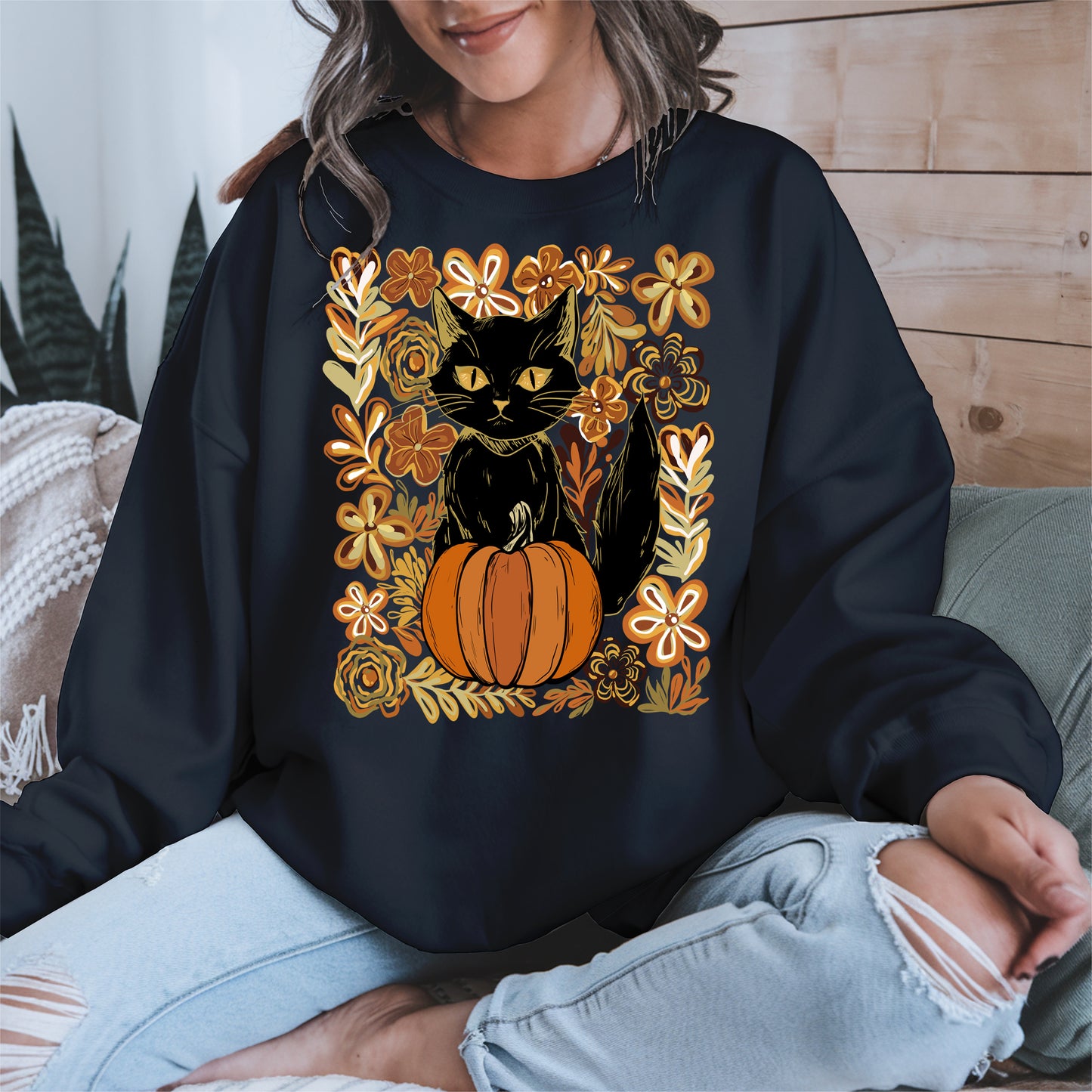 Floral Black cat Pumpkin halloween shirt