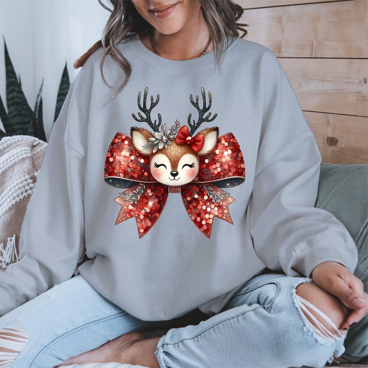 Cute Reindeer Bow Christmas Shirt for Women