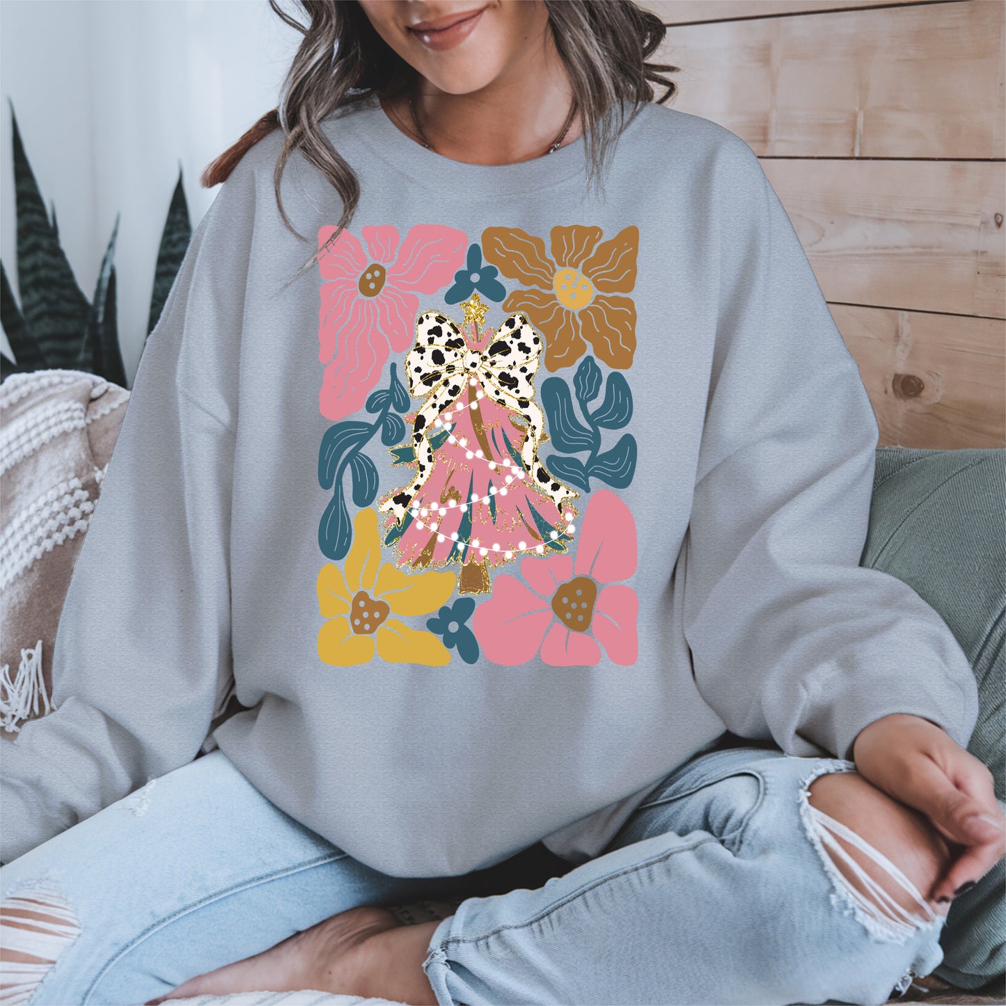 Christmas Tree Coquette Bow Floral Holiday Shirt