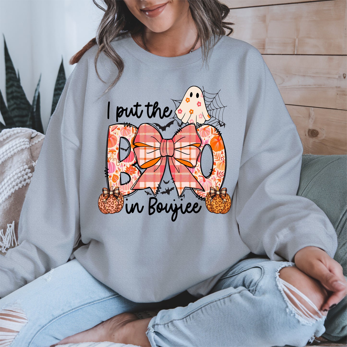 BOO Cute Halloween Shirt Hoodie Sweatshirt with Ghost and Bow