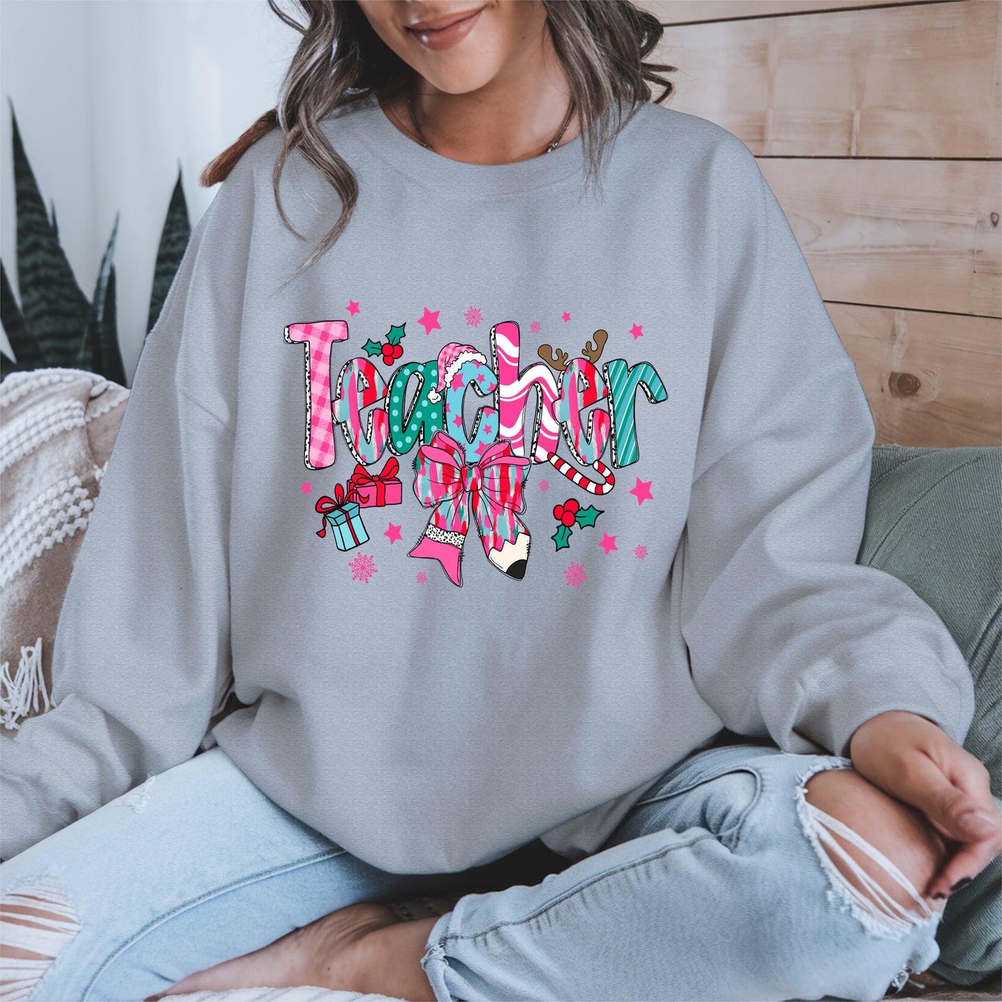 Christmas Teacher Shirt with Gifts and Bow