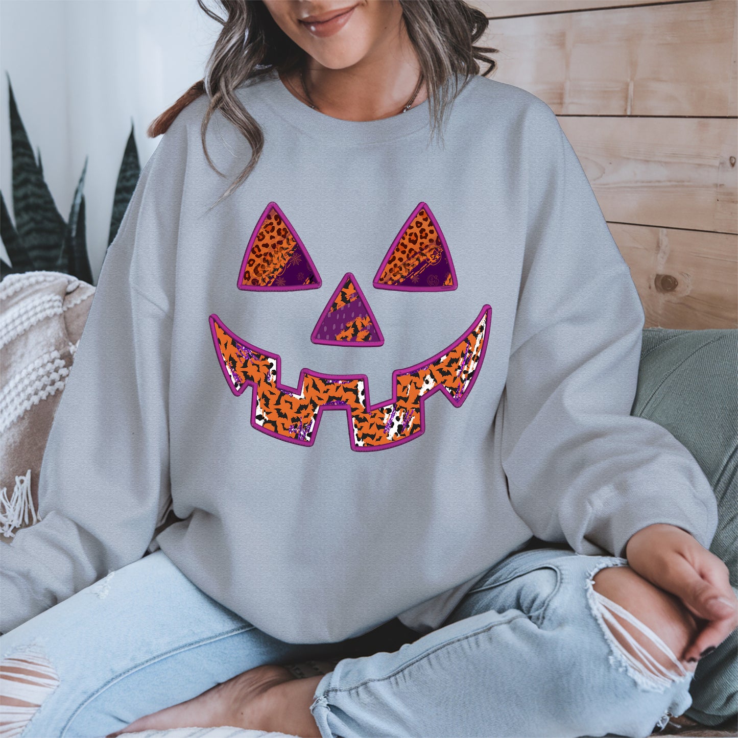 Pumpkin Face Faux Embroidery shirt