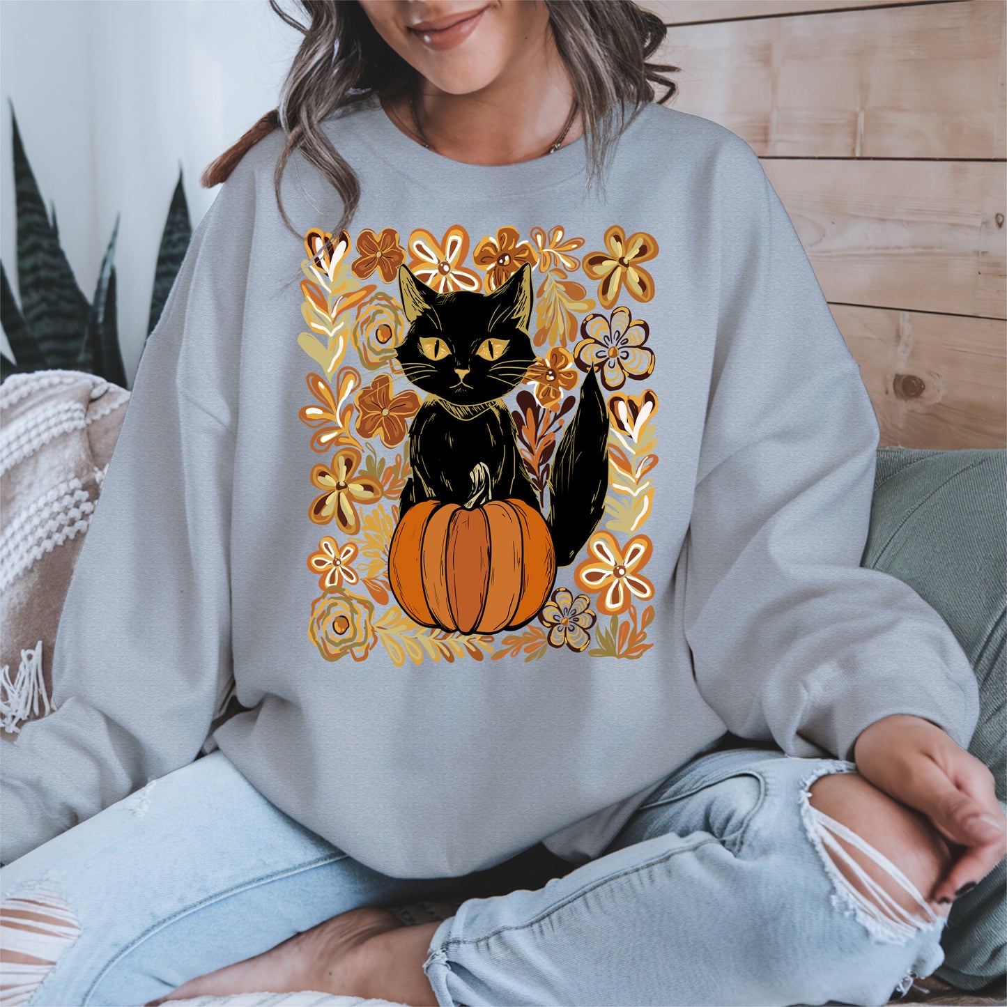 Floral Black cat Pumpkin halloween shirt