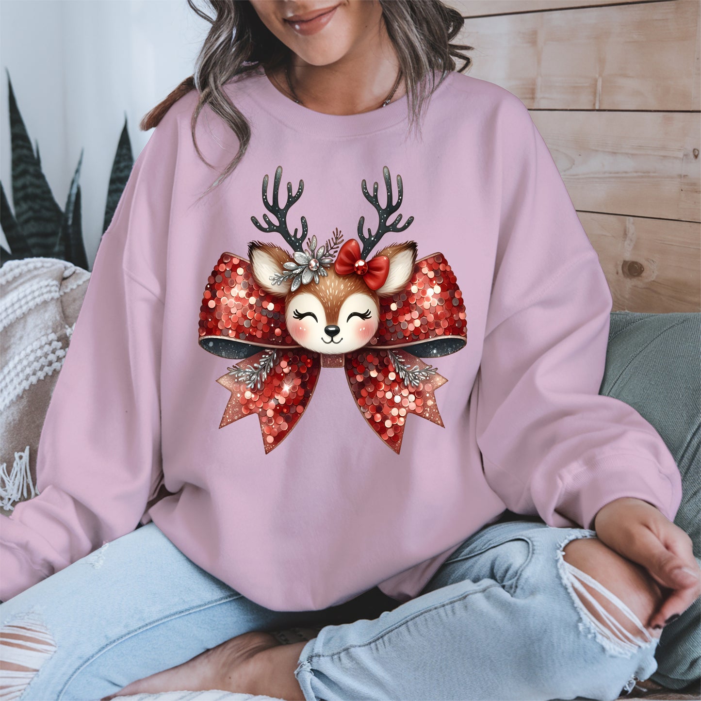 Cute Reindeer Bow Christmas Shirt for Women