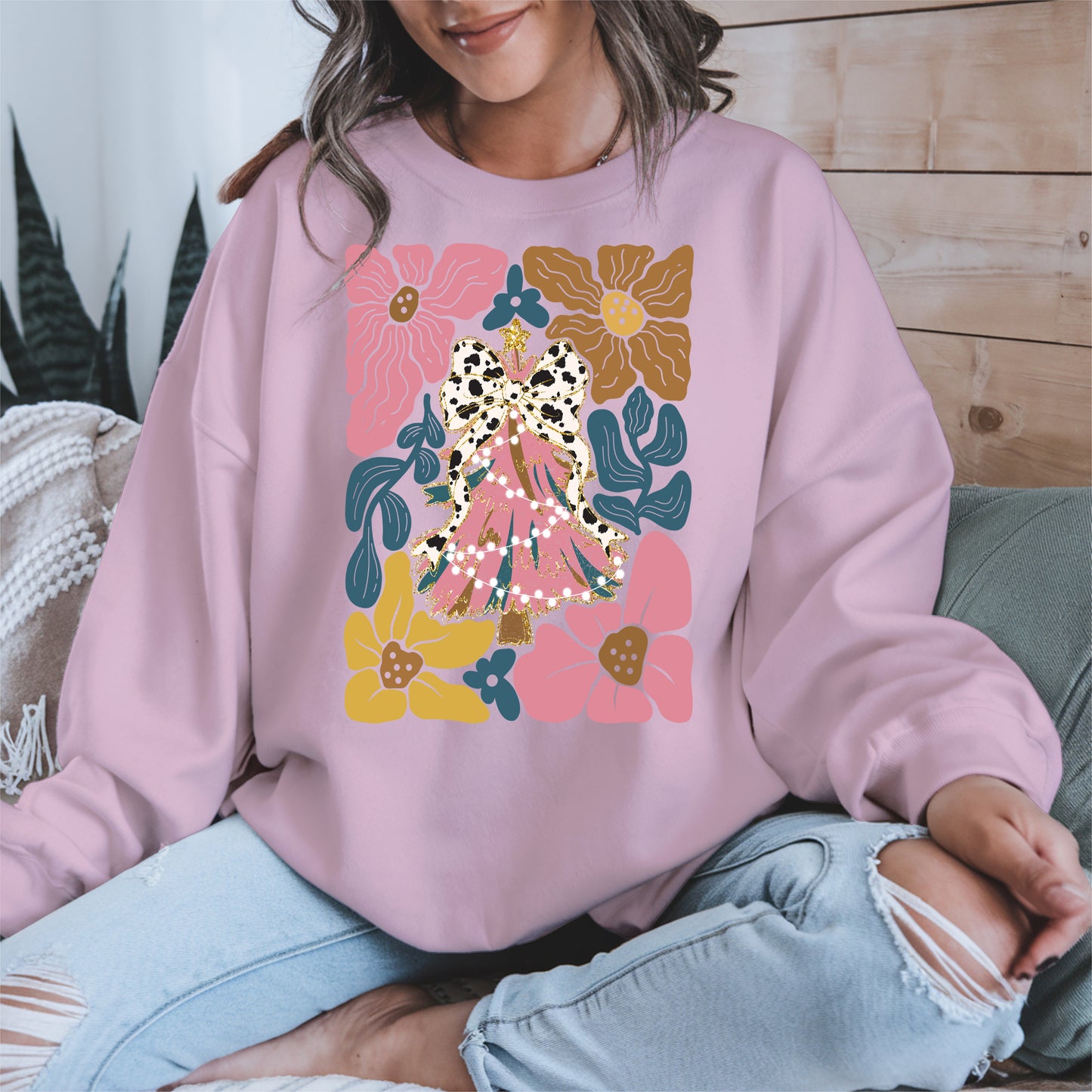 Christmas Tree Coquette Bow Floral Holiday Shirt