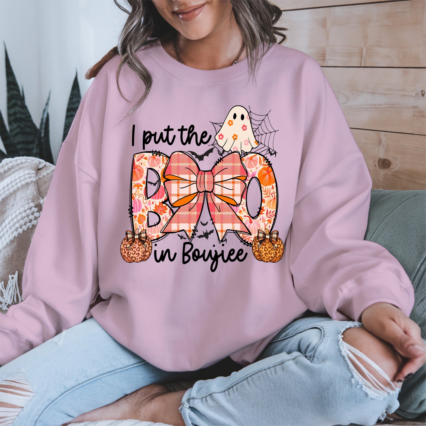 BOO Cute Halloween Shirt Hoodie Sweatshirt with Ghost and Bow