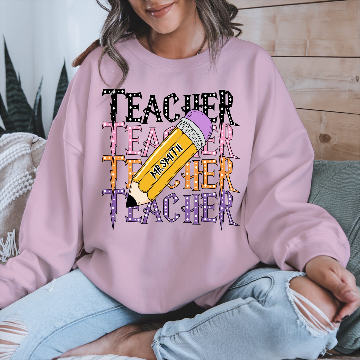 Retro Teacher Shirt with Personalized Pencil Name