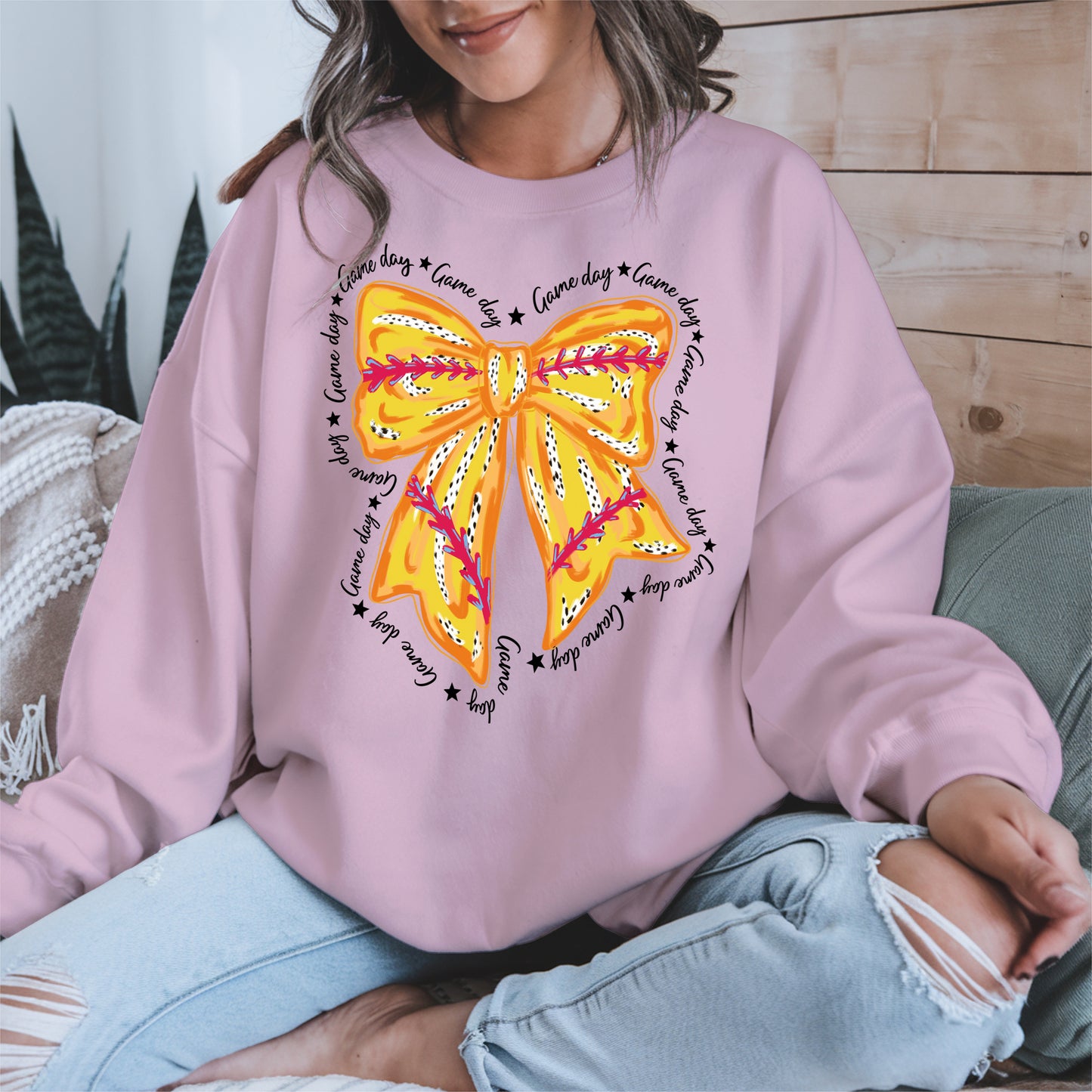 Yellow Baseball Bow Shirt Sport Tee Hoodie Sweatshirt Gift for Fans