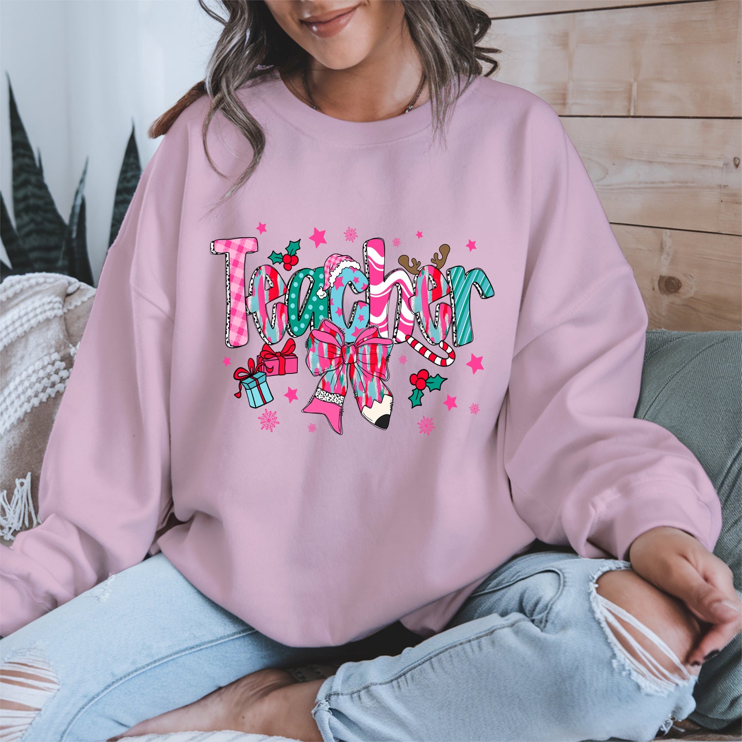 Christmas Teacher Shirt with Gifts and Bow