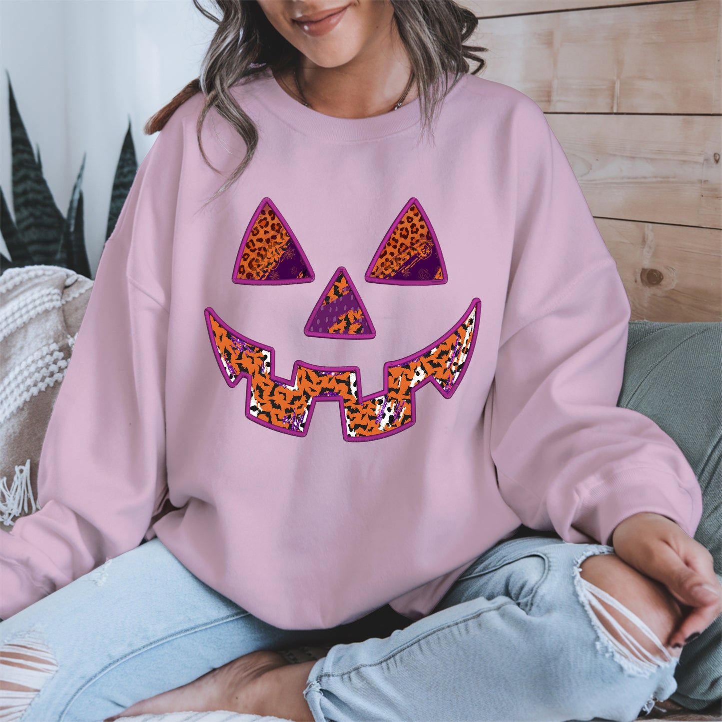 Pumpkin Face Faux Embroidery shirt