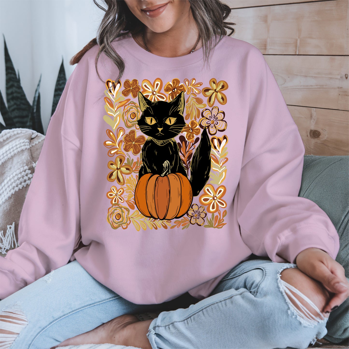 Floral Black cat Pumpkin halloween shirt