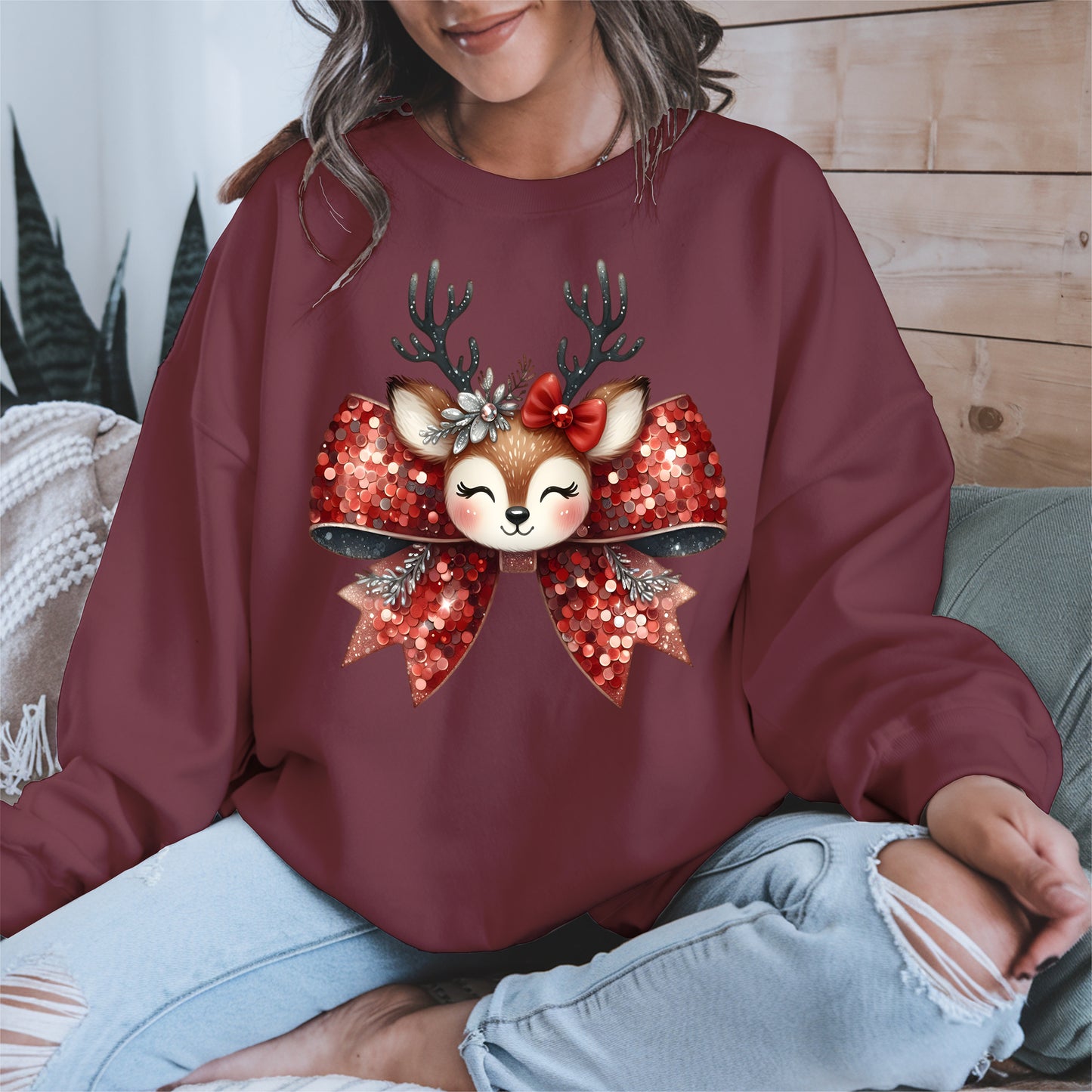 Cute Reindeer Bow Christmas Shirt for Women